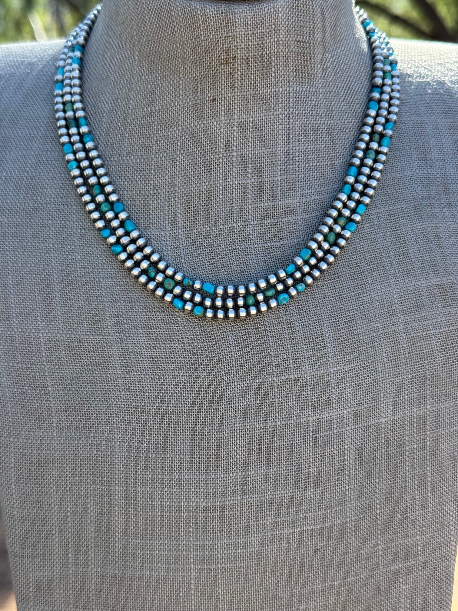 Handcrafted Kingman Turquoise & Sterling Silver 4mm Beaded Necklace 18"