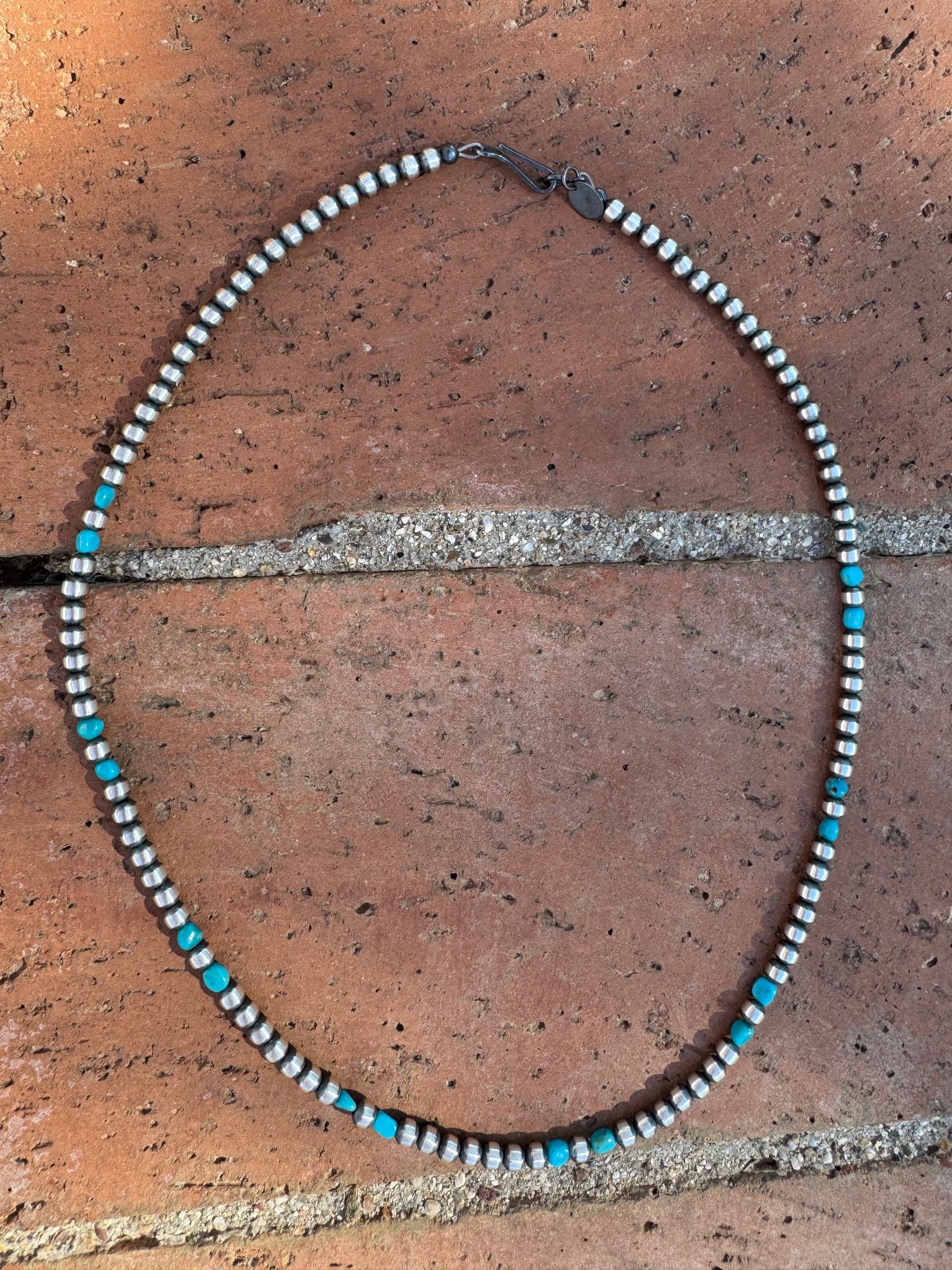 Handcrafted Kingman Turquoise & Sterling Silver 4mm Beaded Necklace 18"