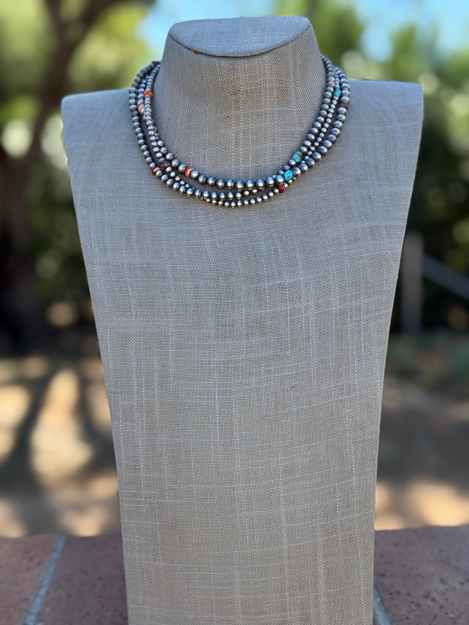 Handcrafted Multi Stone & Sterling Silver 3 Strand Beaded 3-8mm Necklace 16"