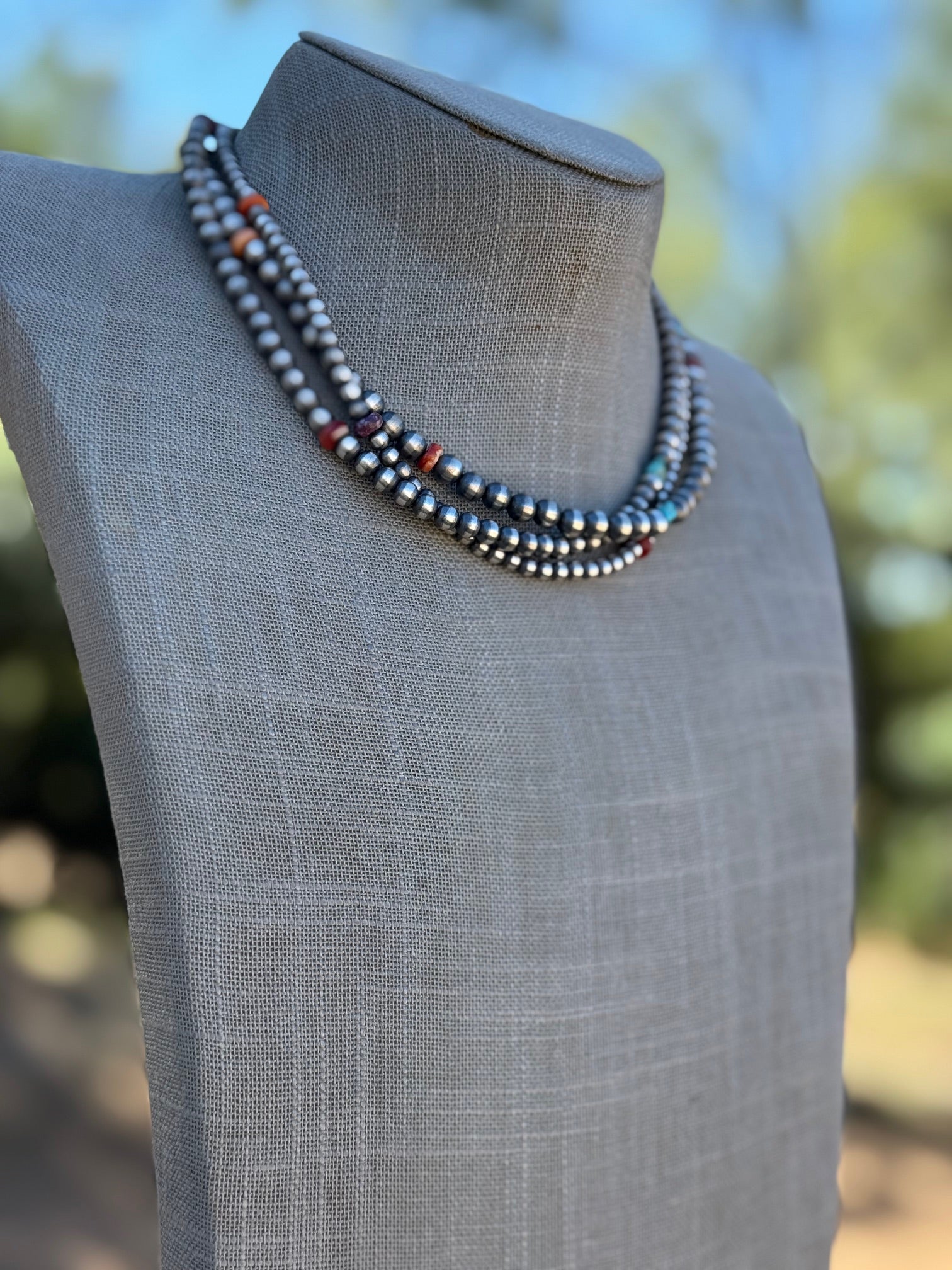 Handcrafted Multi Stone & Sterling Silver 3 Strand Beaded 3-8mm Necklace 16"