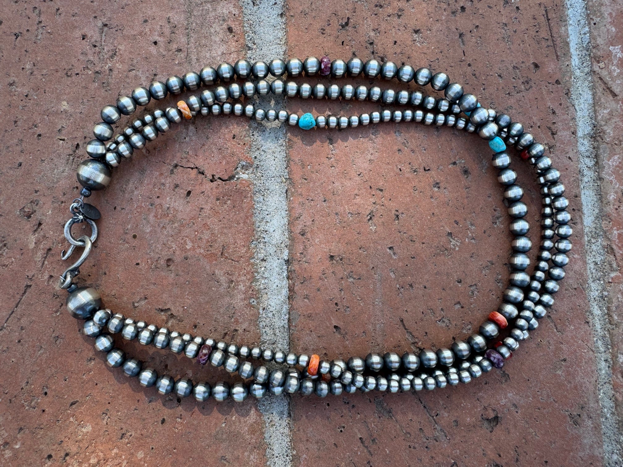 Handcrafted Multi Stone & Sterling Silver 3 Strand Beaded 3-8mm Necklace 16"