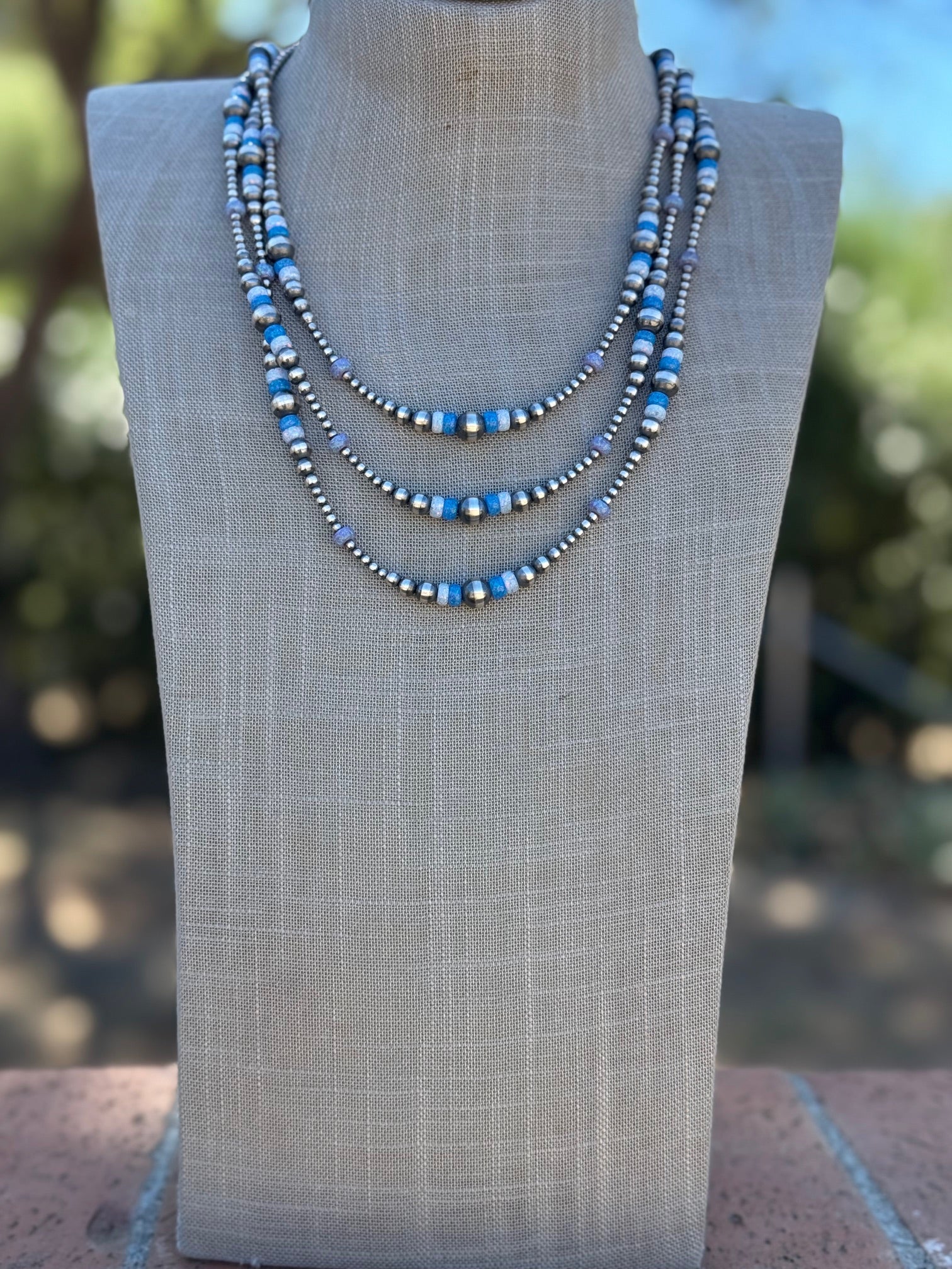 Handcrafted Blue Opal & Sterling Silver Beaded 3-8mm Necklace 22"