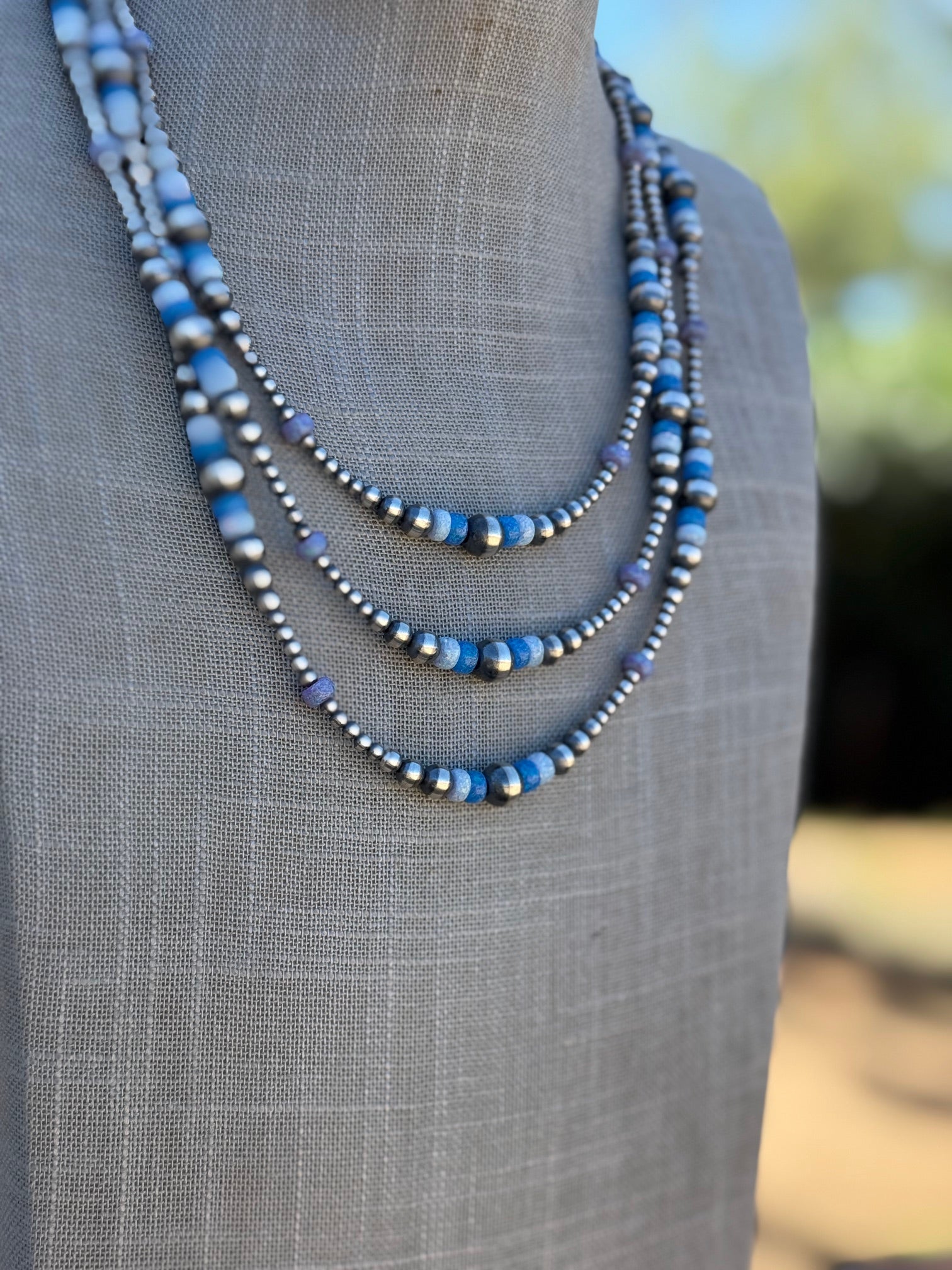 Handcrafted Blue Opal & Sterling Silver Beaded 3-8mm Necklace 22"