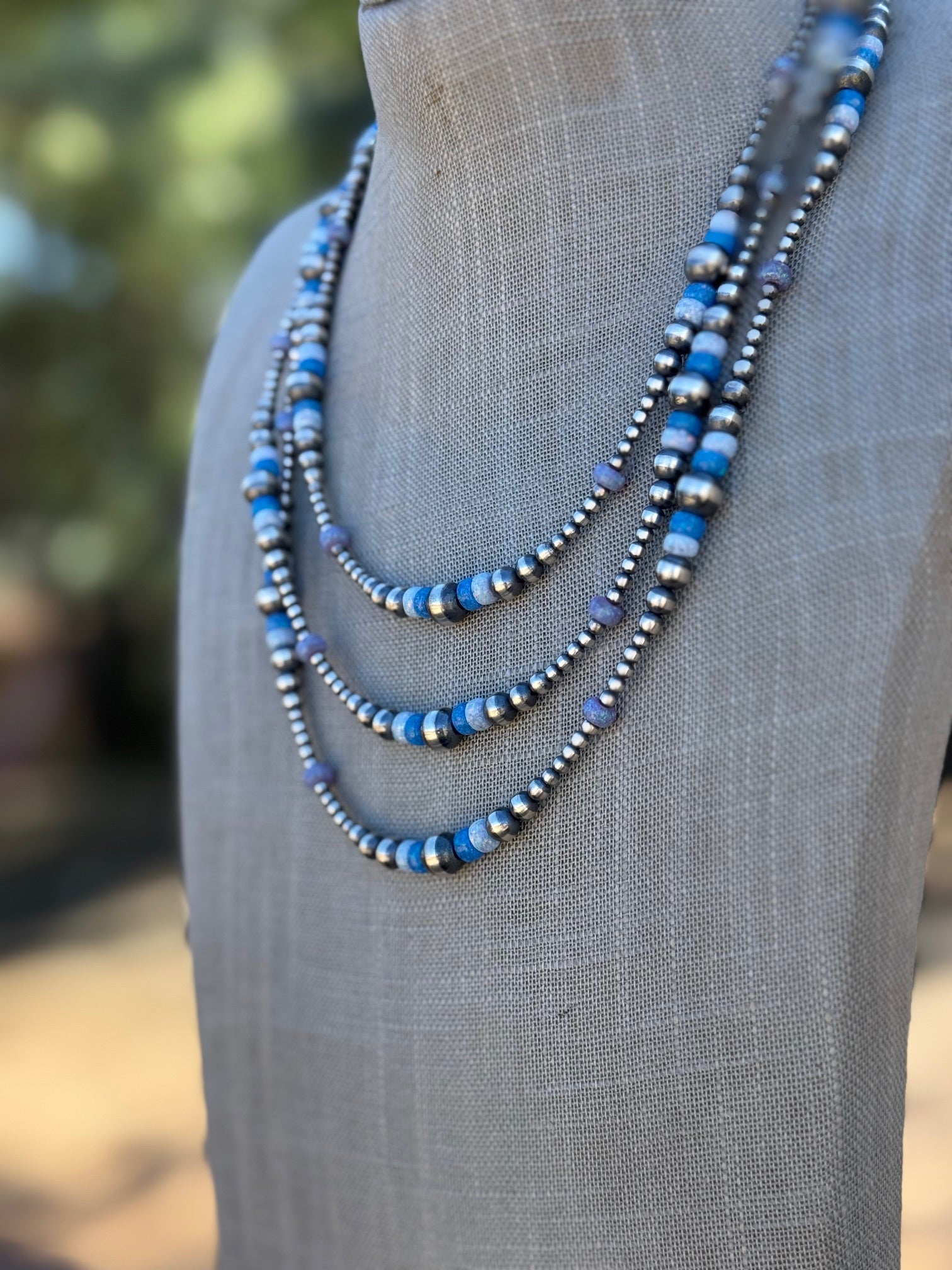 Handcrafted Blue Opal & Sterling Silver Beaded 3-8mm Necklace 22"