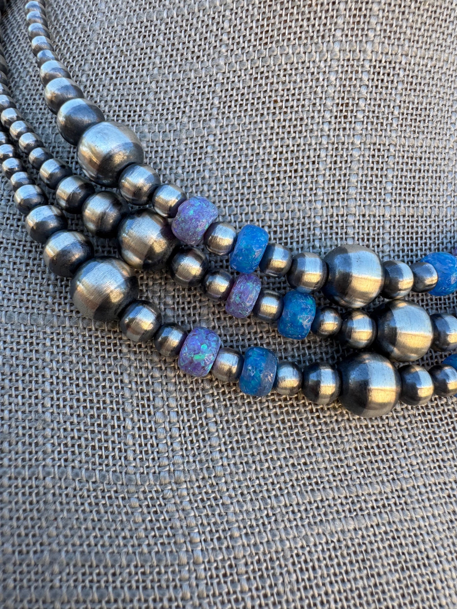 Handcrafted Blue Opal & Sterling Silver Beaded 3-8mm Necklace 16"