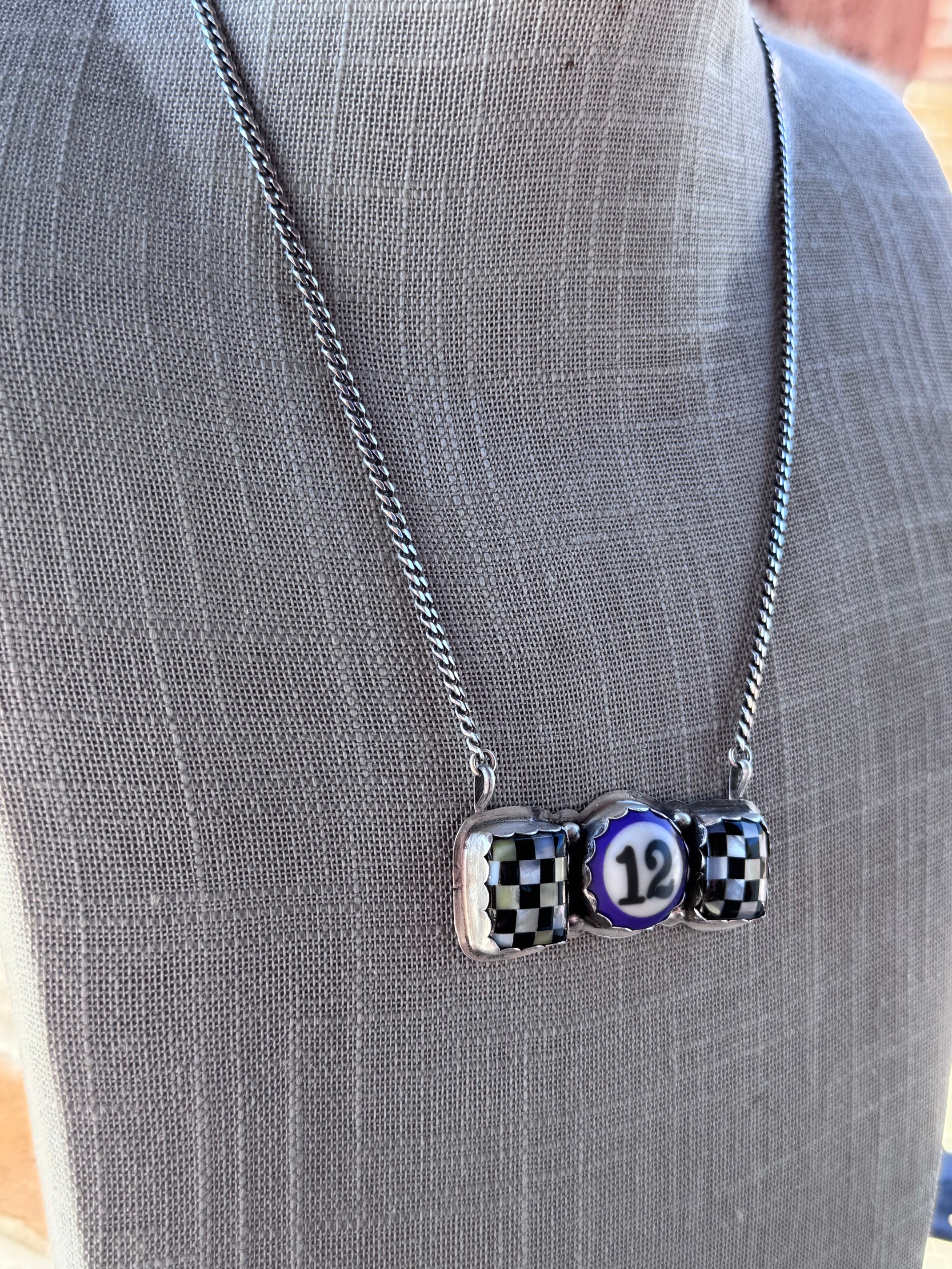 Handmade Sterling Silver Checkered Billiard Ball Bar 19.5" Necklace by Roaming Buffalo