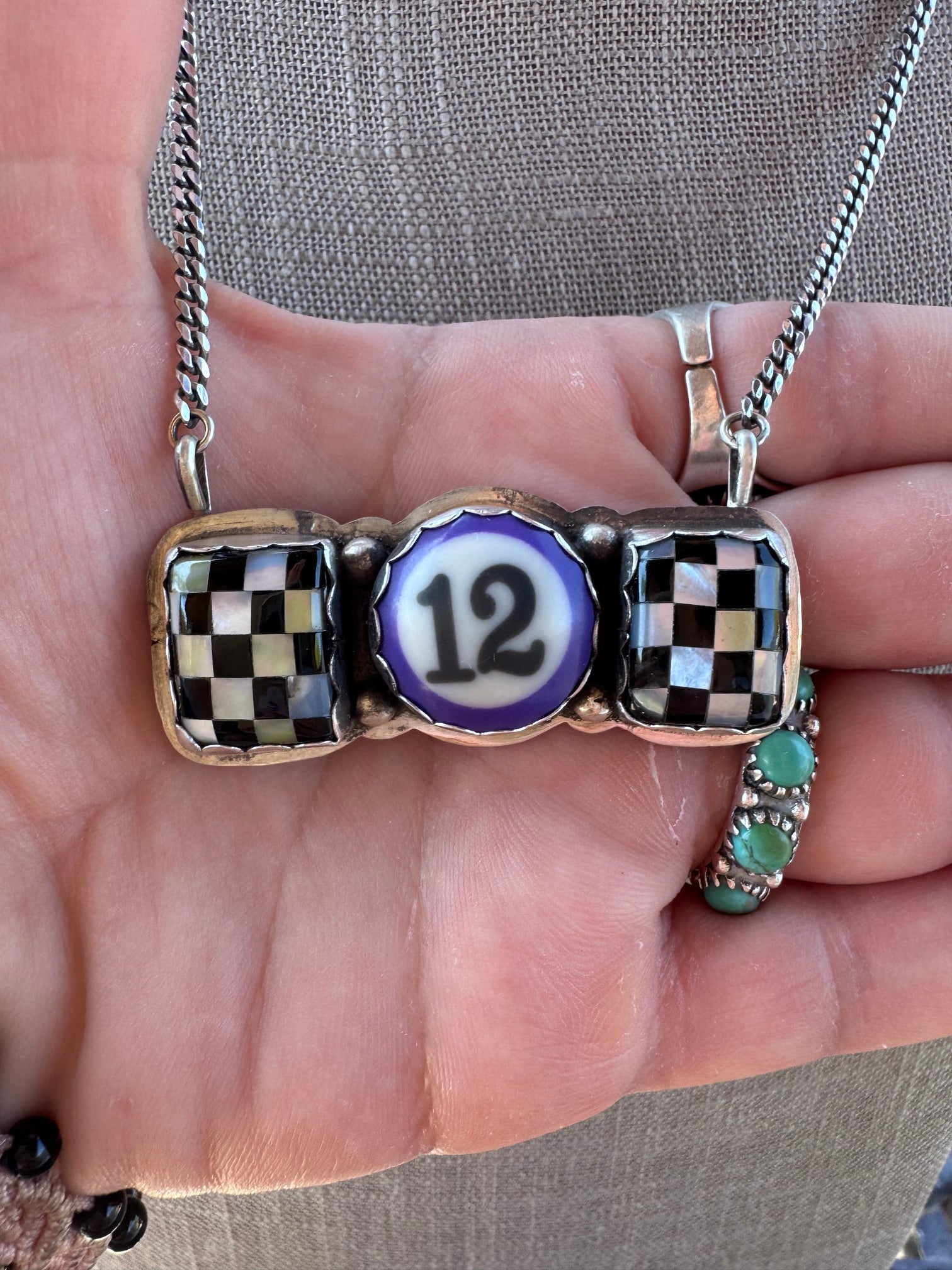 Handmade Sterling Silver Checkered Billiard Ball Bar 19.5" Necklace by Roaming Buffalo