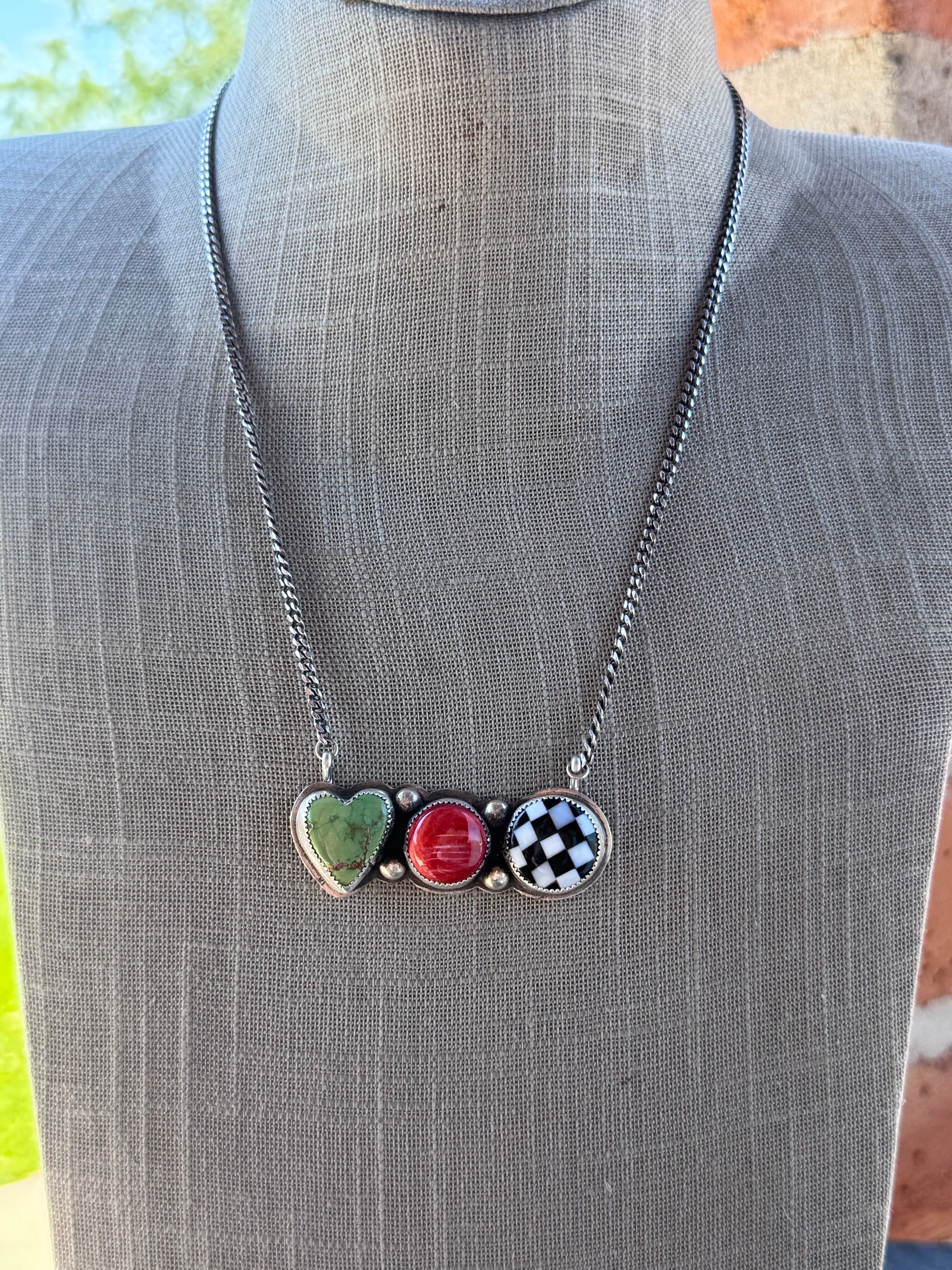 Handmade Sterling Silver Checker, Sonoran Gold, & Spiny 20" Bar Necklace by Roaming Buffalo
