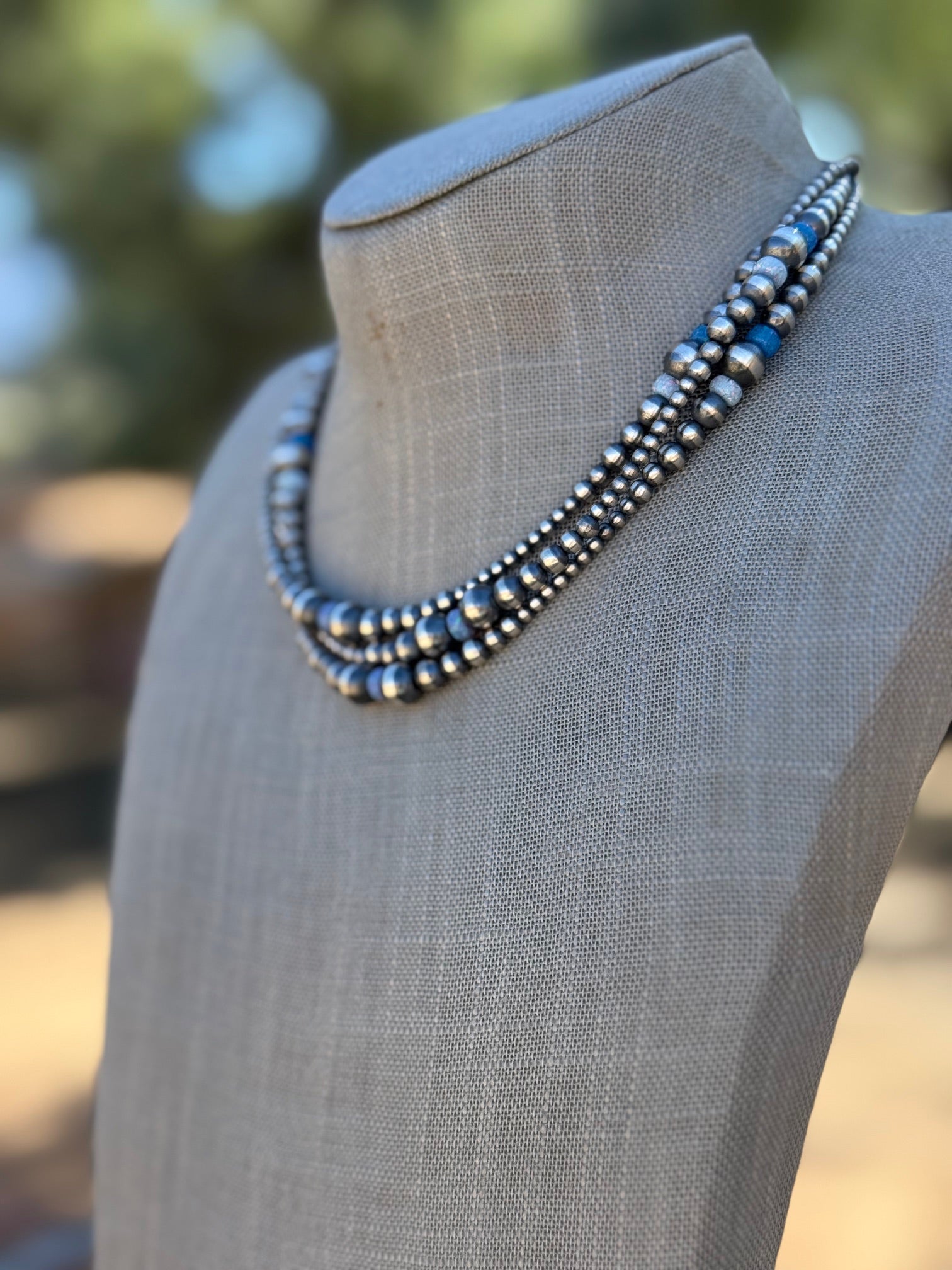 Handcrafted Blue Opal & Sterling Silver Beaded 3-8mm Necklace 16"