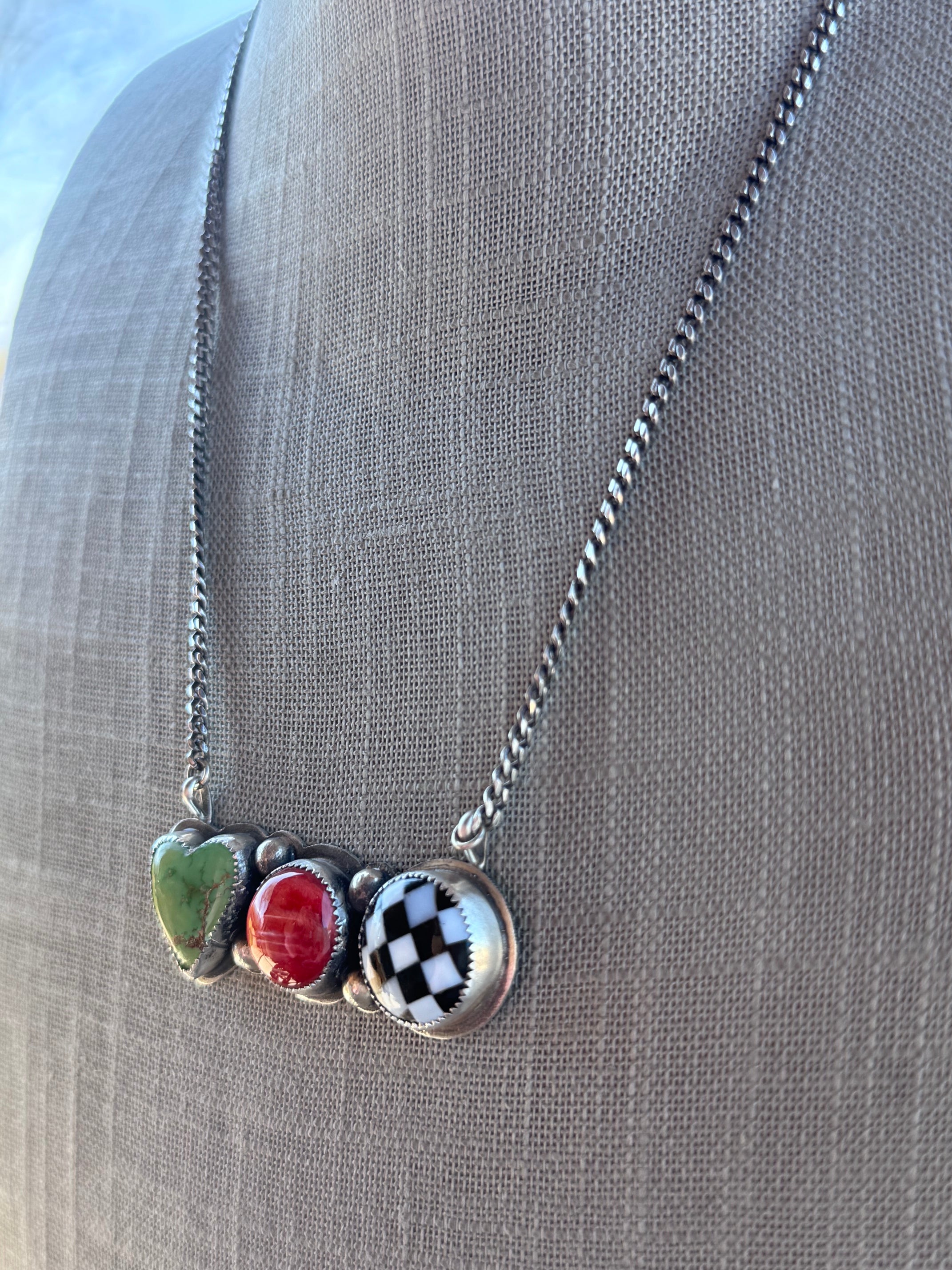Handmade Sterling Silver Checker, Sonoran Gold, & Spiny 20" Bar Necklace by Roaming Buffalo