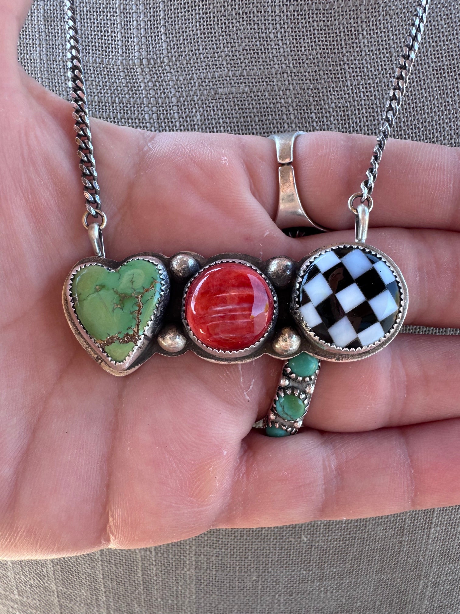 Handmade Sterling Silver Checker, Sonoran Gold, & Spiny 20" Bar Necklace by Roaming Buffalo