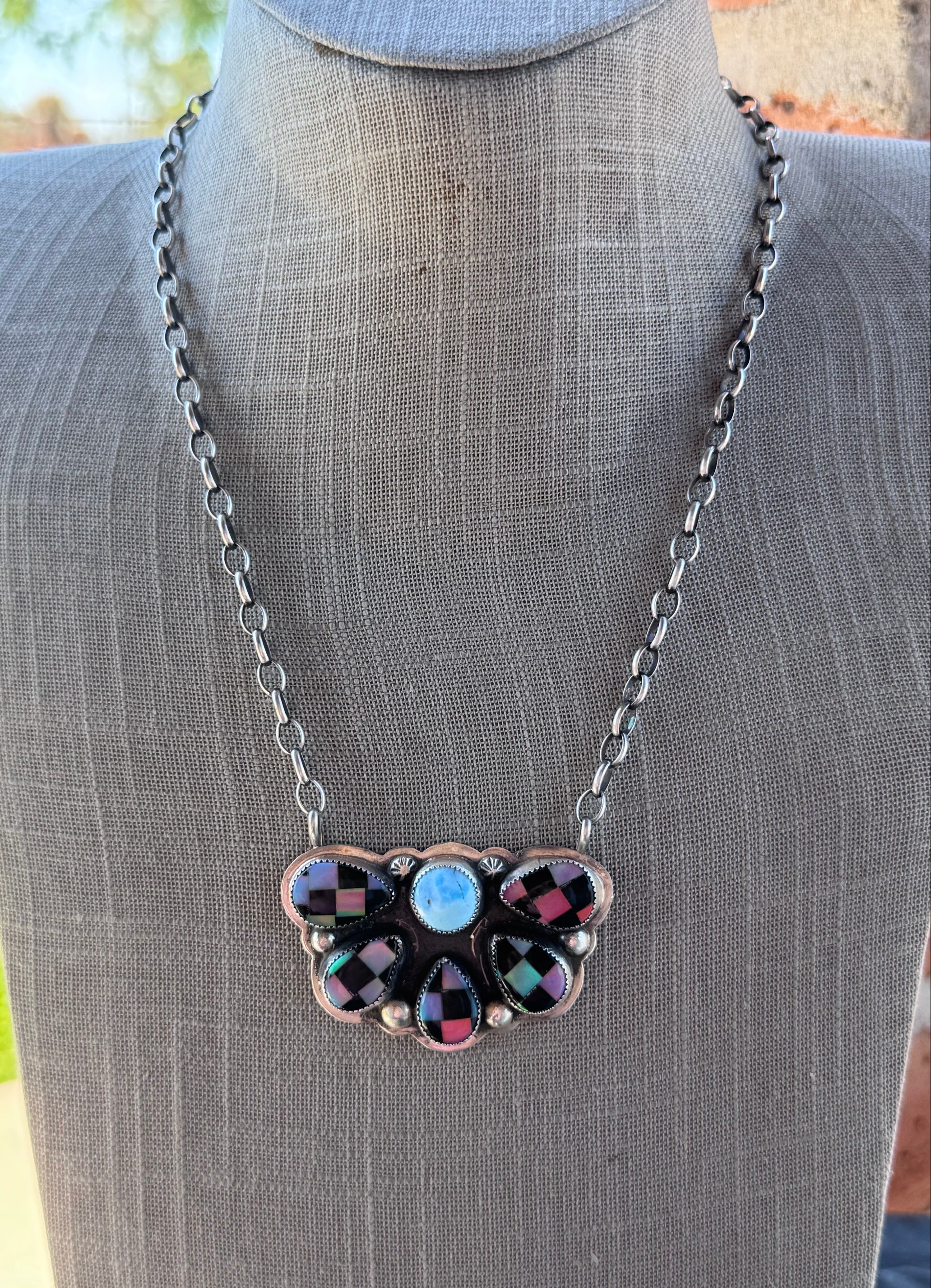 Handmade Sterling Silver Golden Hills & Aurora Opal Checkered Cluster 19.5" Necklace by Roaming Buffalo