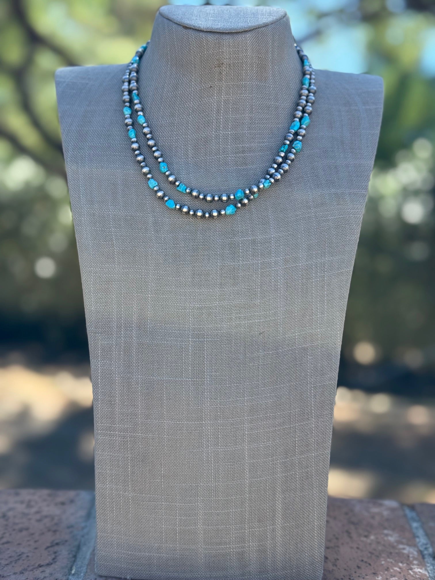 Handcrafted Kingman Turquoise & Sterling Silver 4-6mm Beaded Necklace 36"