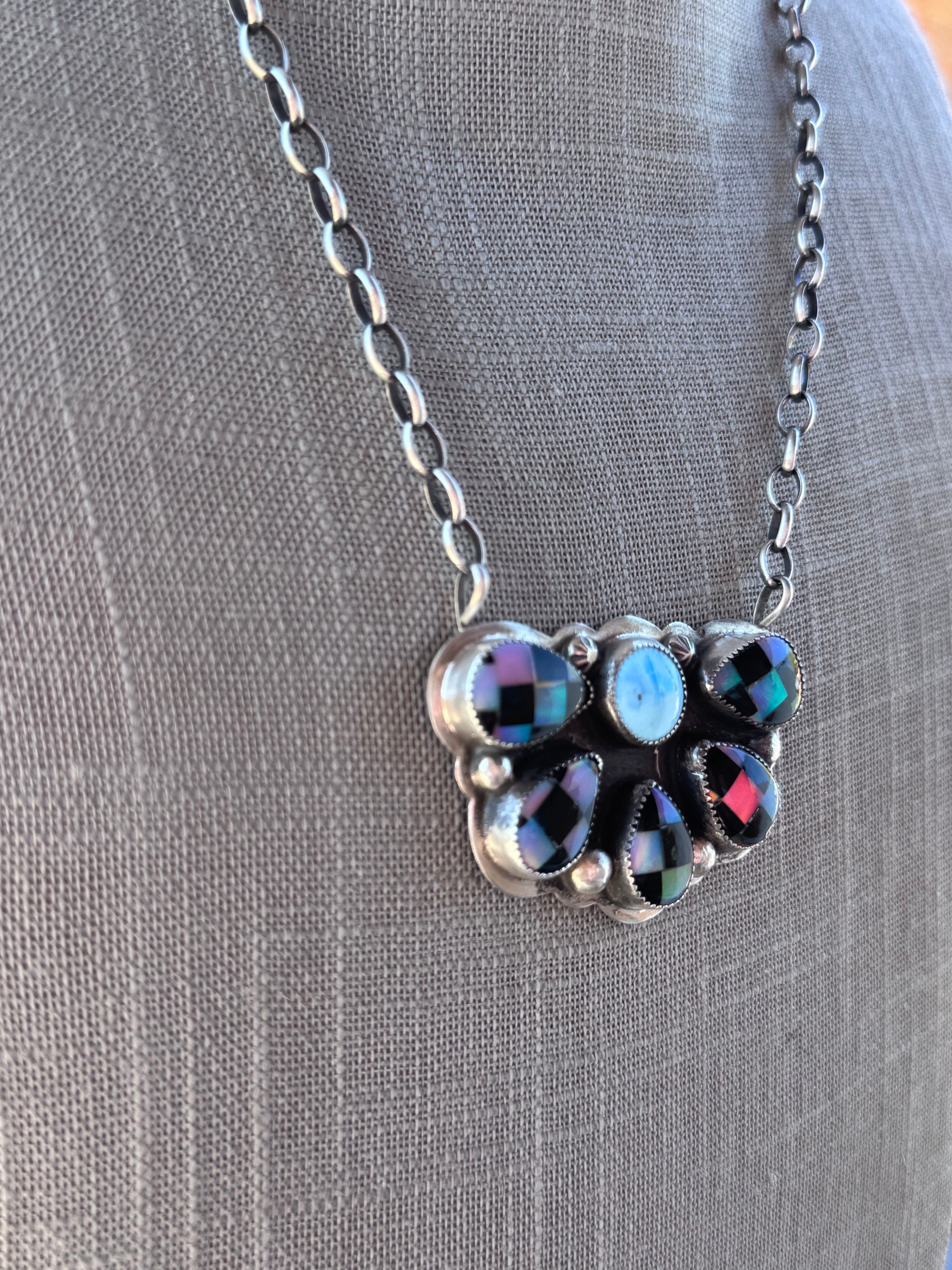 Handmade Sterling Silver Golden Hills & Aurora Opal Checkered Cluster 19.5" Necklace by Roaming Buffalo