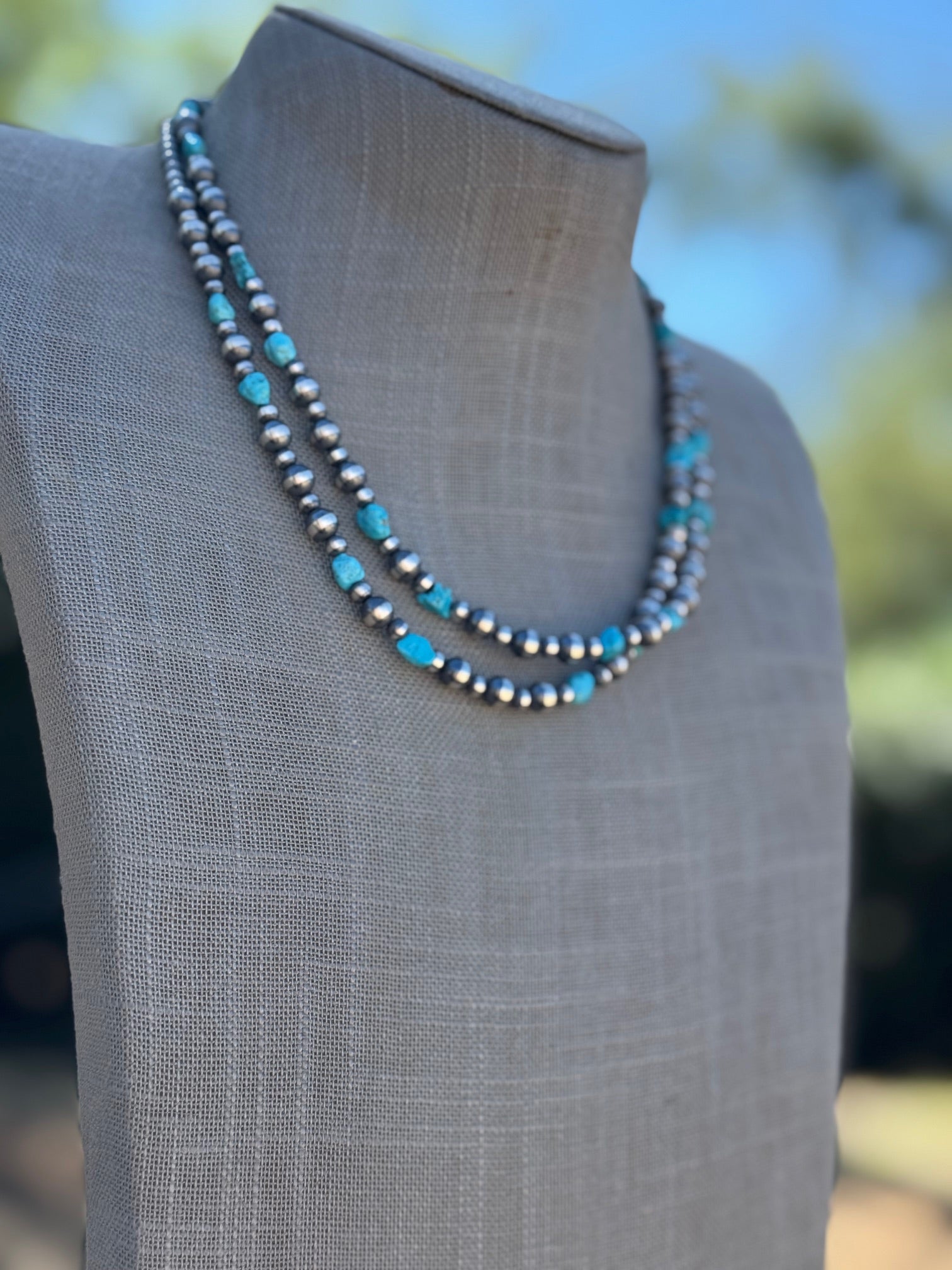 Handcrafted Kingman Turquoise & Sterling Silver 4-6mm Beaded Necklace 36"