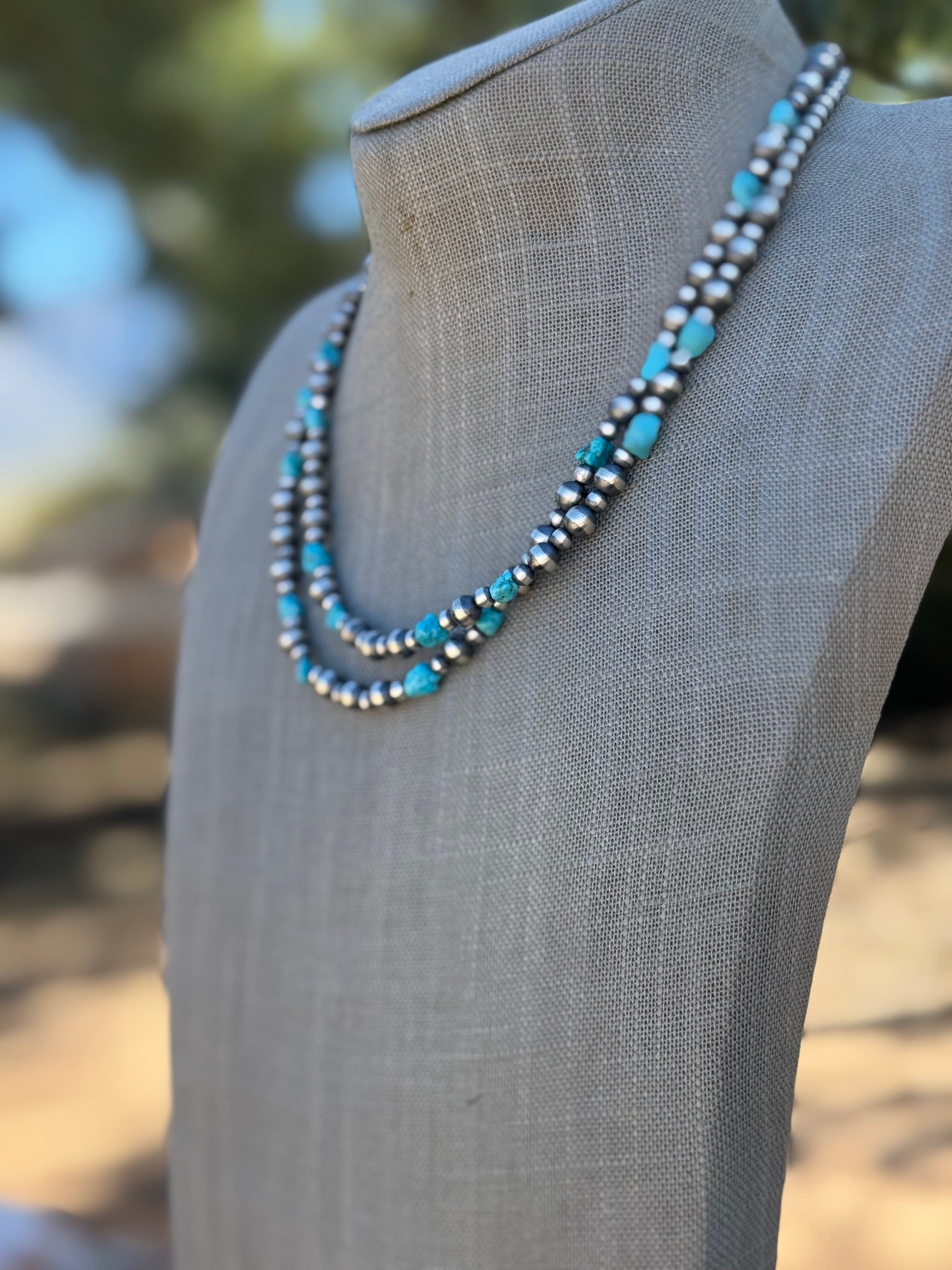 Handcrafted Kingman Turquoise & Sterling Silver 4-6mm Beaded Necklace 36"