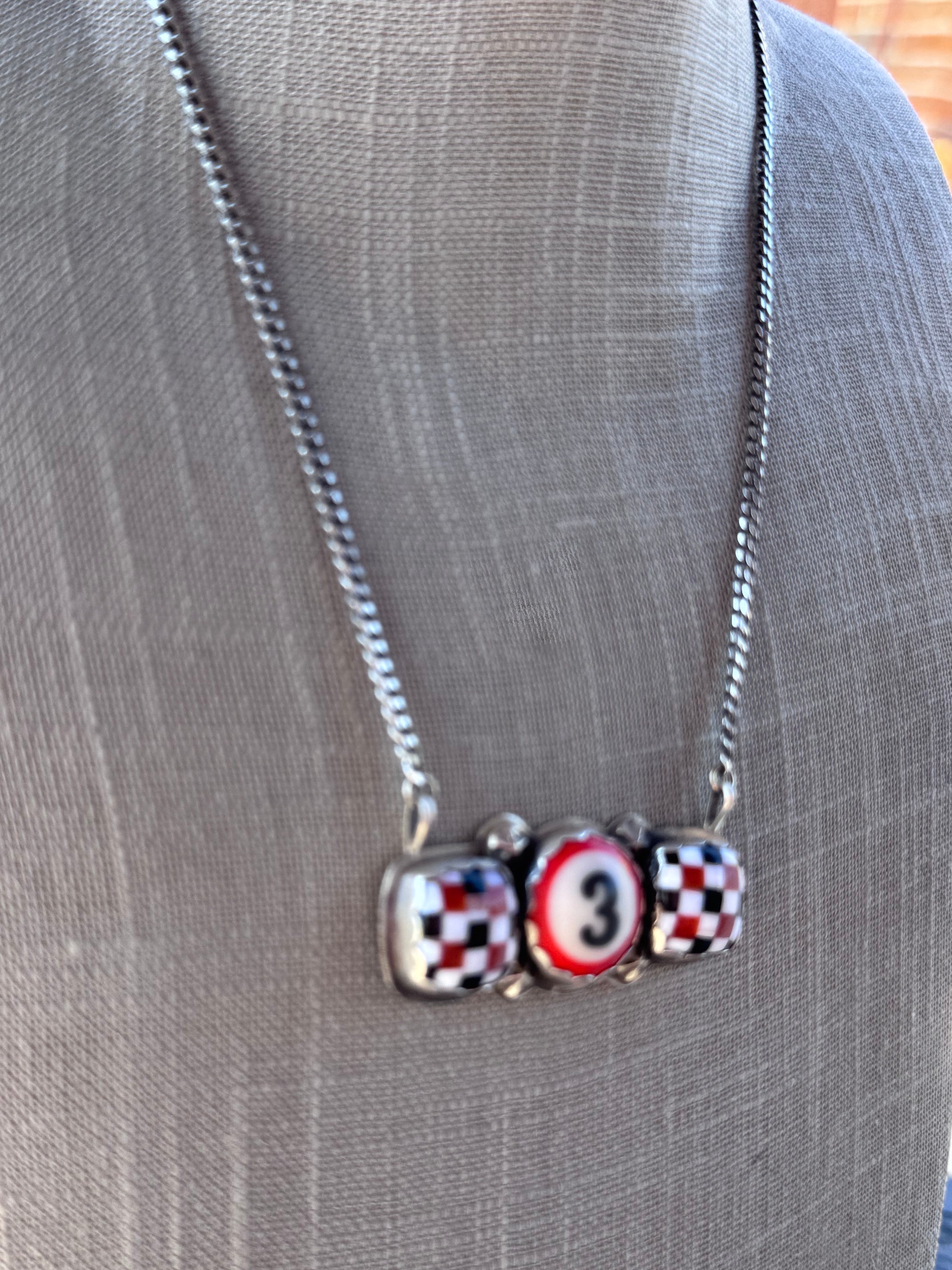Handmade Sterling Silver Red/Black Checkered Billiard Ball 20" Necklace by Roaming Buffalo