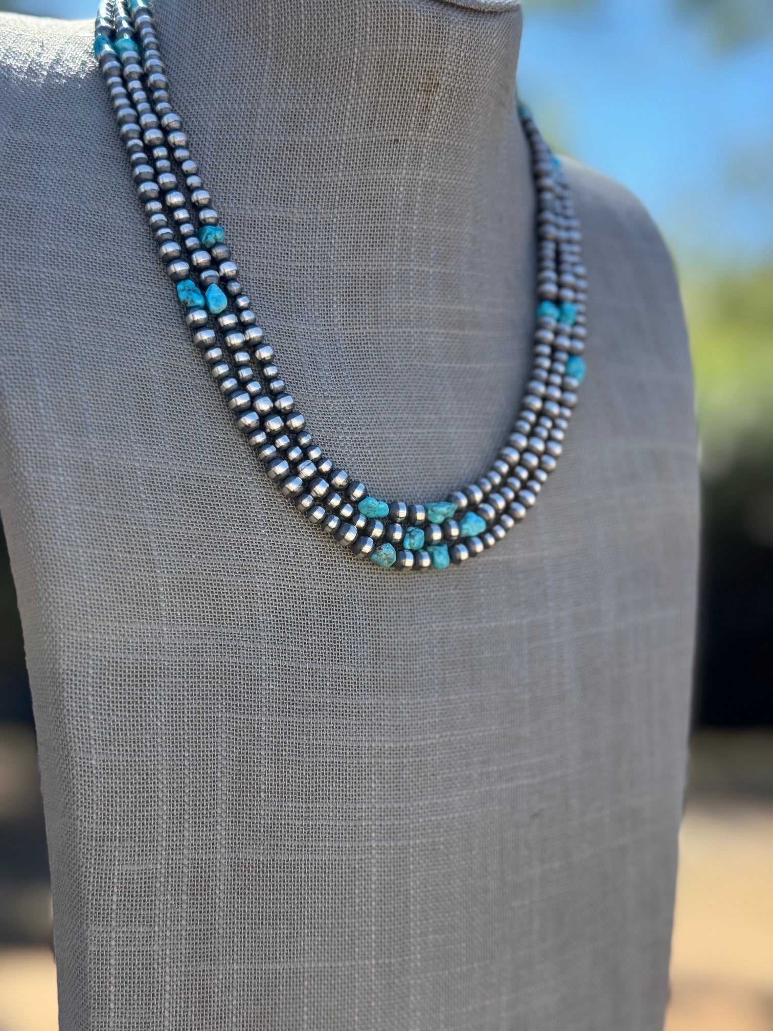 Handcrafted Kingman Turquoise & Sterling Silver 4-6mm Beaded Necklace 20"