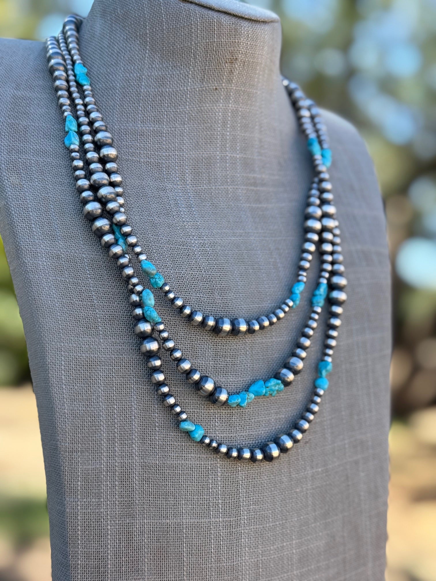 Handcrafted Kingman Turquoise & Sterling Silver 4-8mm Beaded Necklace 72"