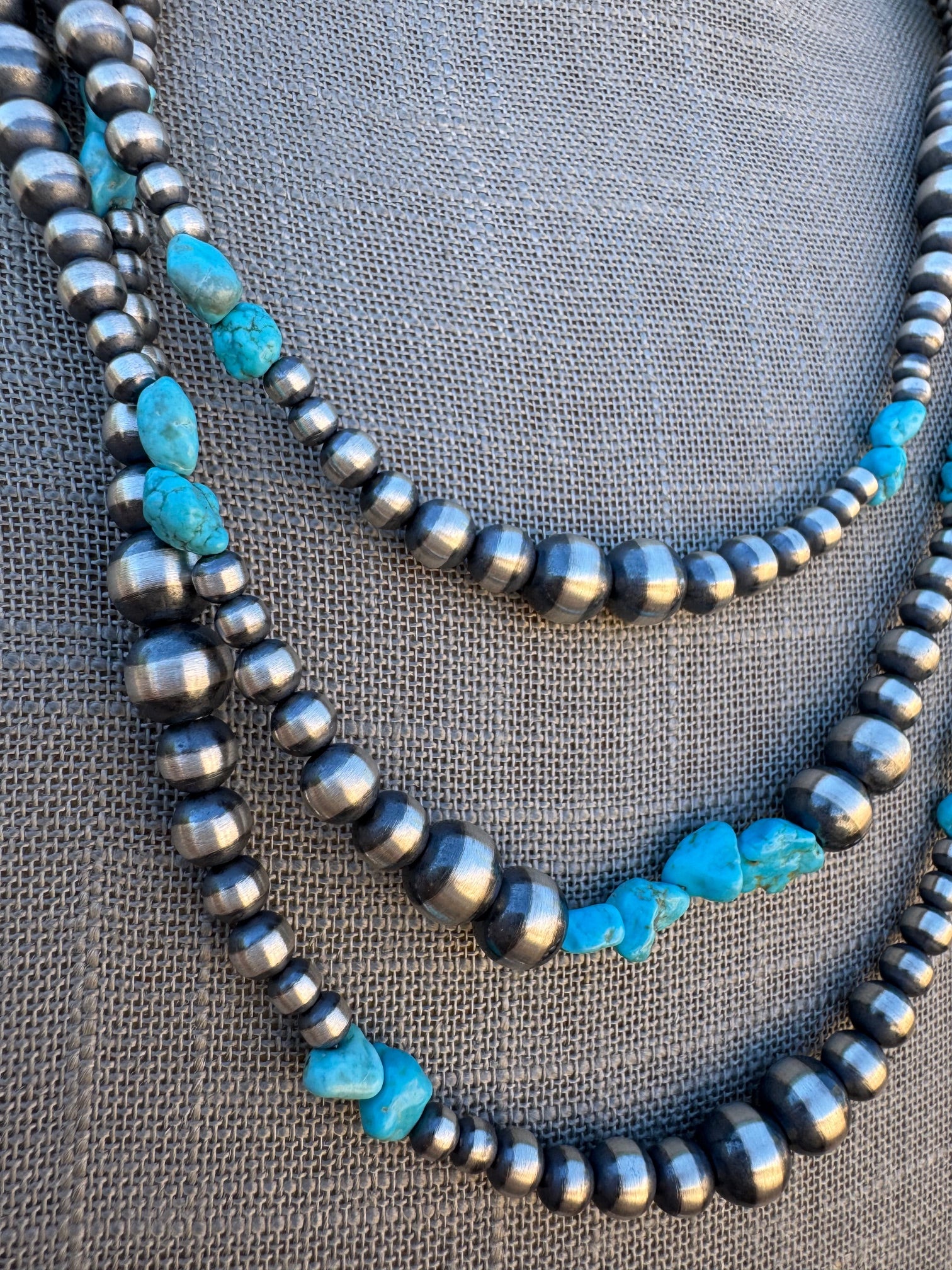 Handcrafted Kingman Turquoise & Sterling Silver 4-8mm Beaded Necklace 72"