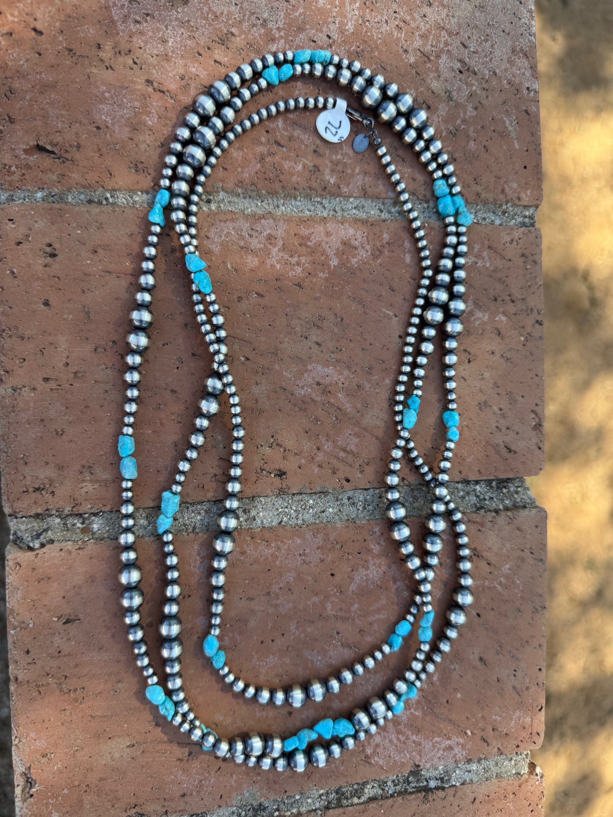 Handcrafted Kingman Turquoise & Sterling Silver 4-8mm Beaded Necklace 72"