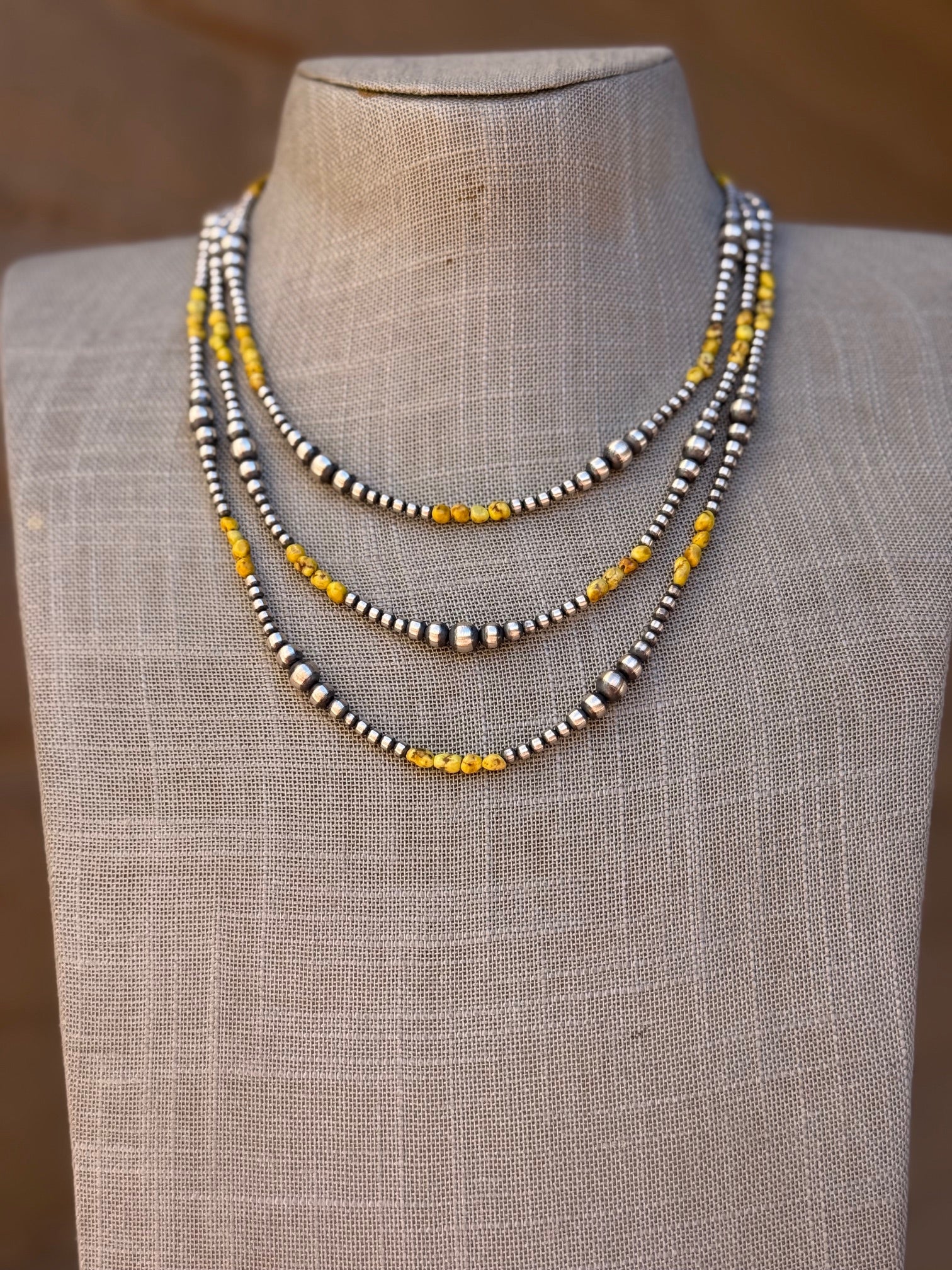 Handcrafted Sterling Silver and Palomino Turquoise Beaded 3-5mm Necklace