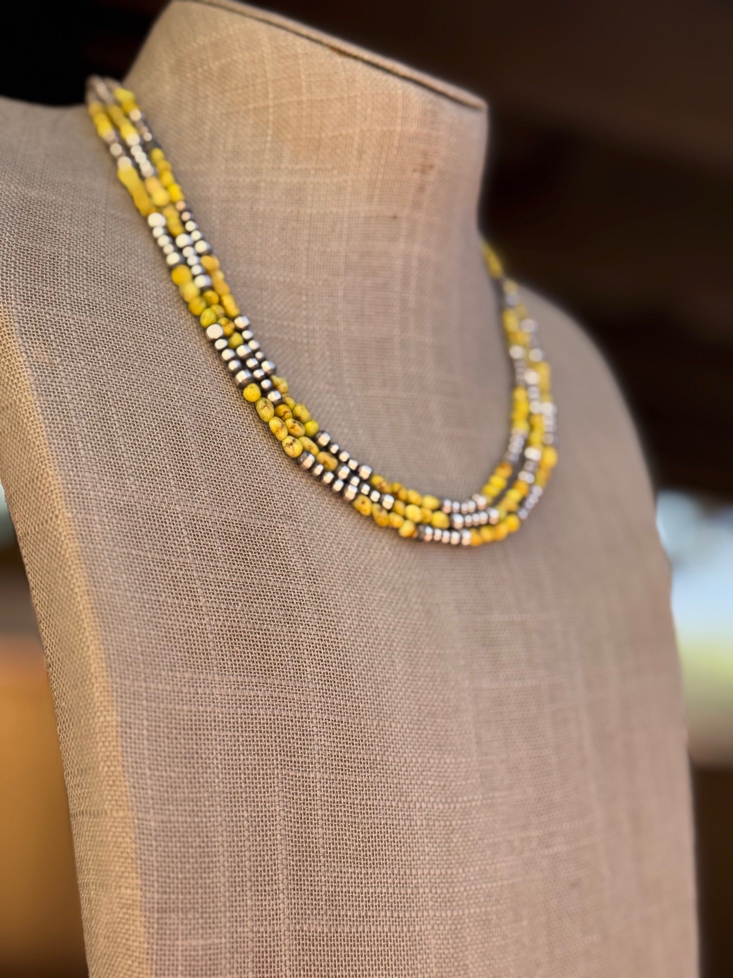 Handcrafted Sterling Silver and Palomino Turquoise Beaded 3-4mm Necklace 18"