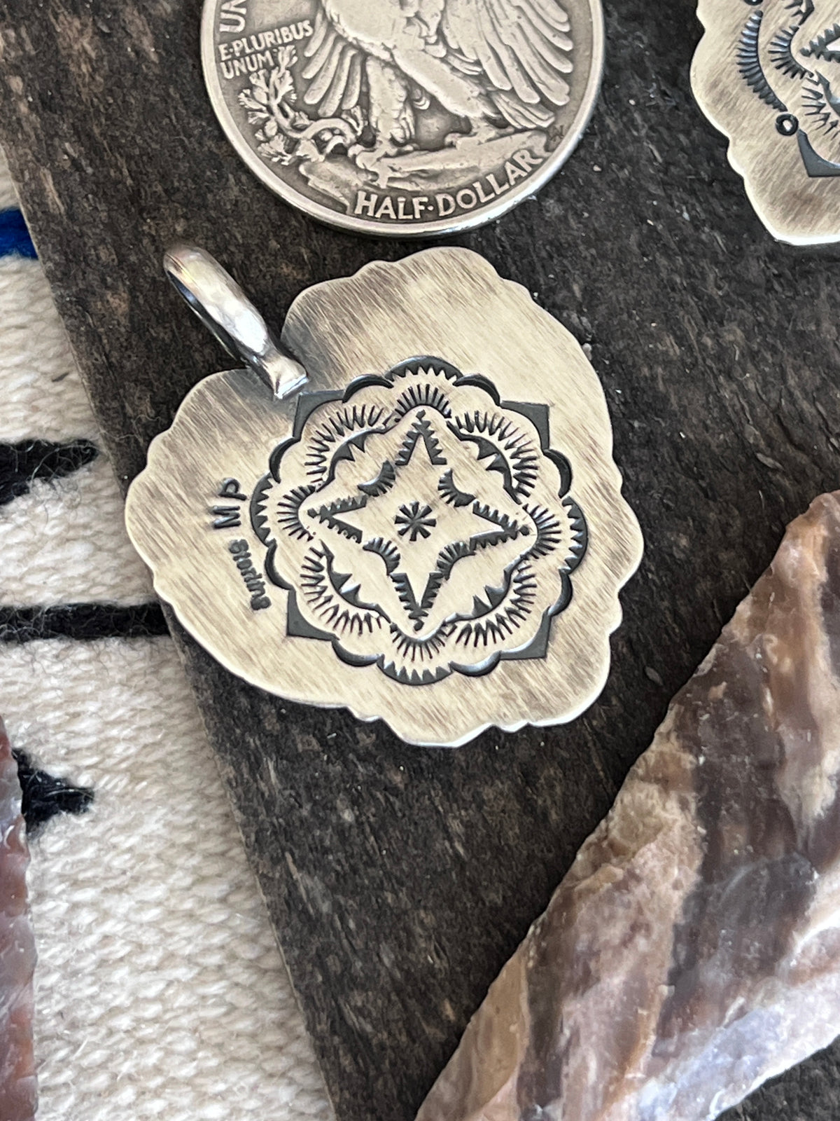 Hand Stamped Sterling Silver Heart Pendants by Murphy Platero, Medium