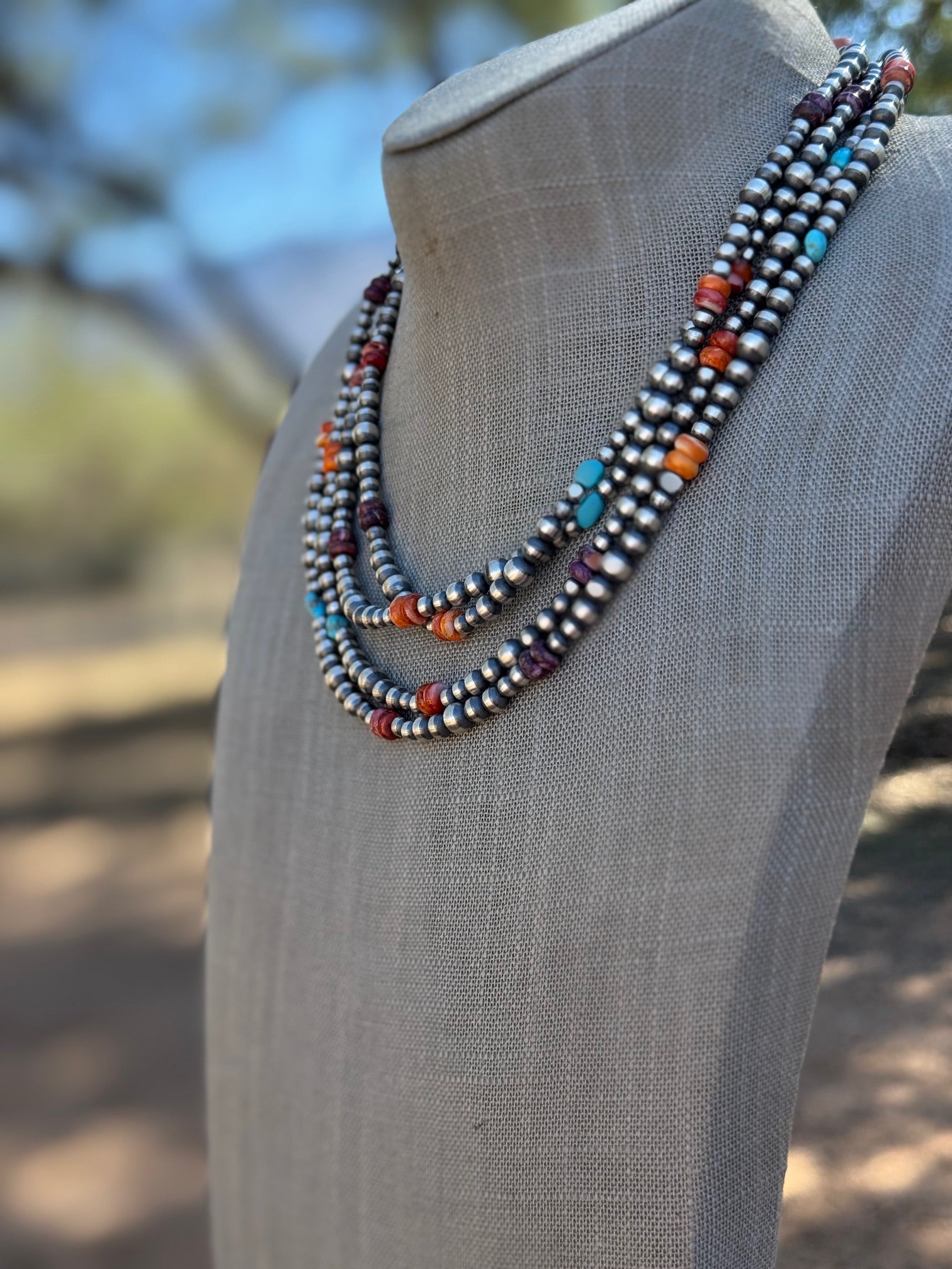 Sterling Silver & Multi Stone Beaded 4-6mm Necklace 72"