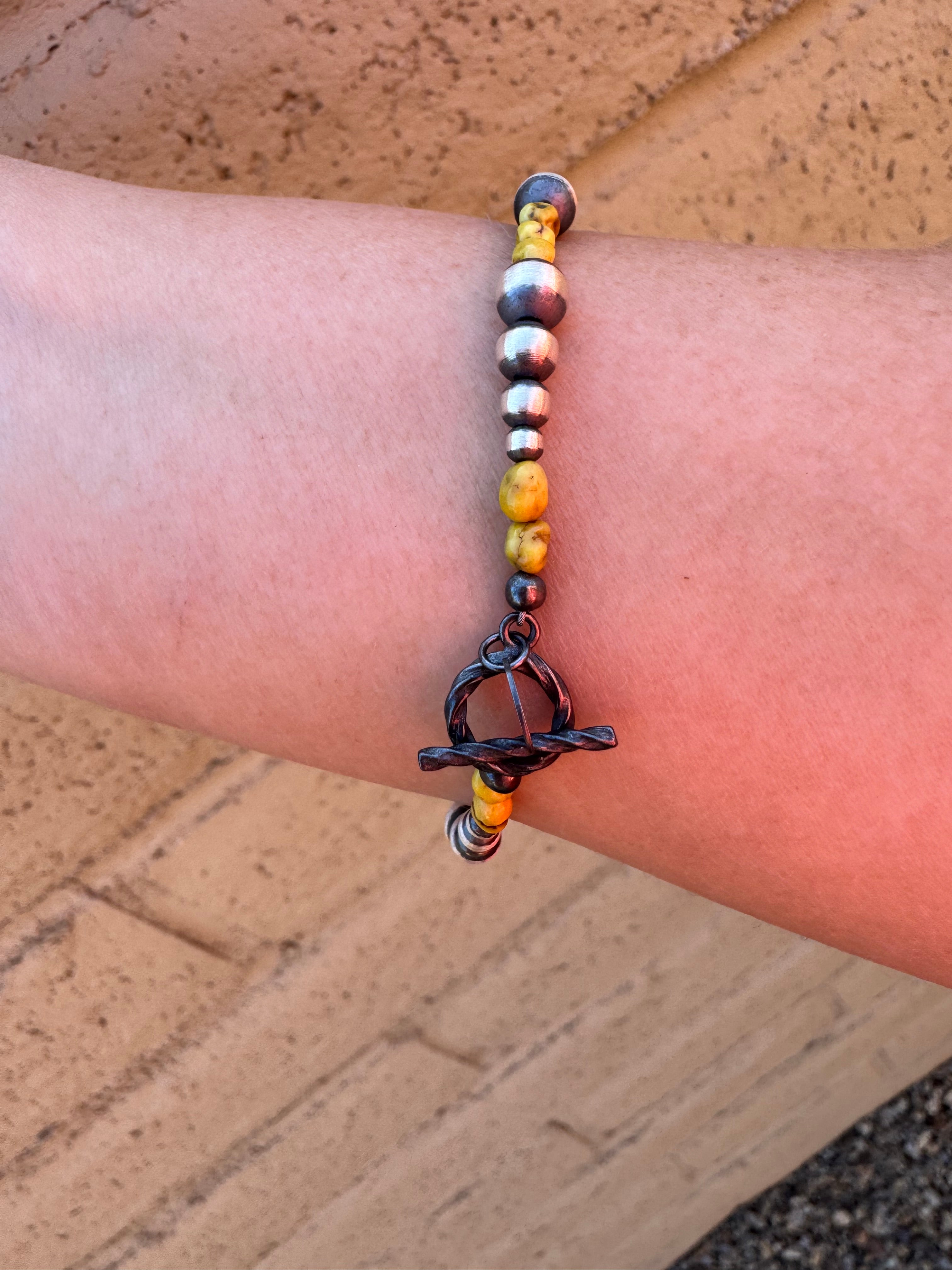 Handcrafted Sterling Silver and Palomino Turquoise Beaded 3-6mm Bracelet 7.5"