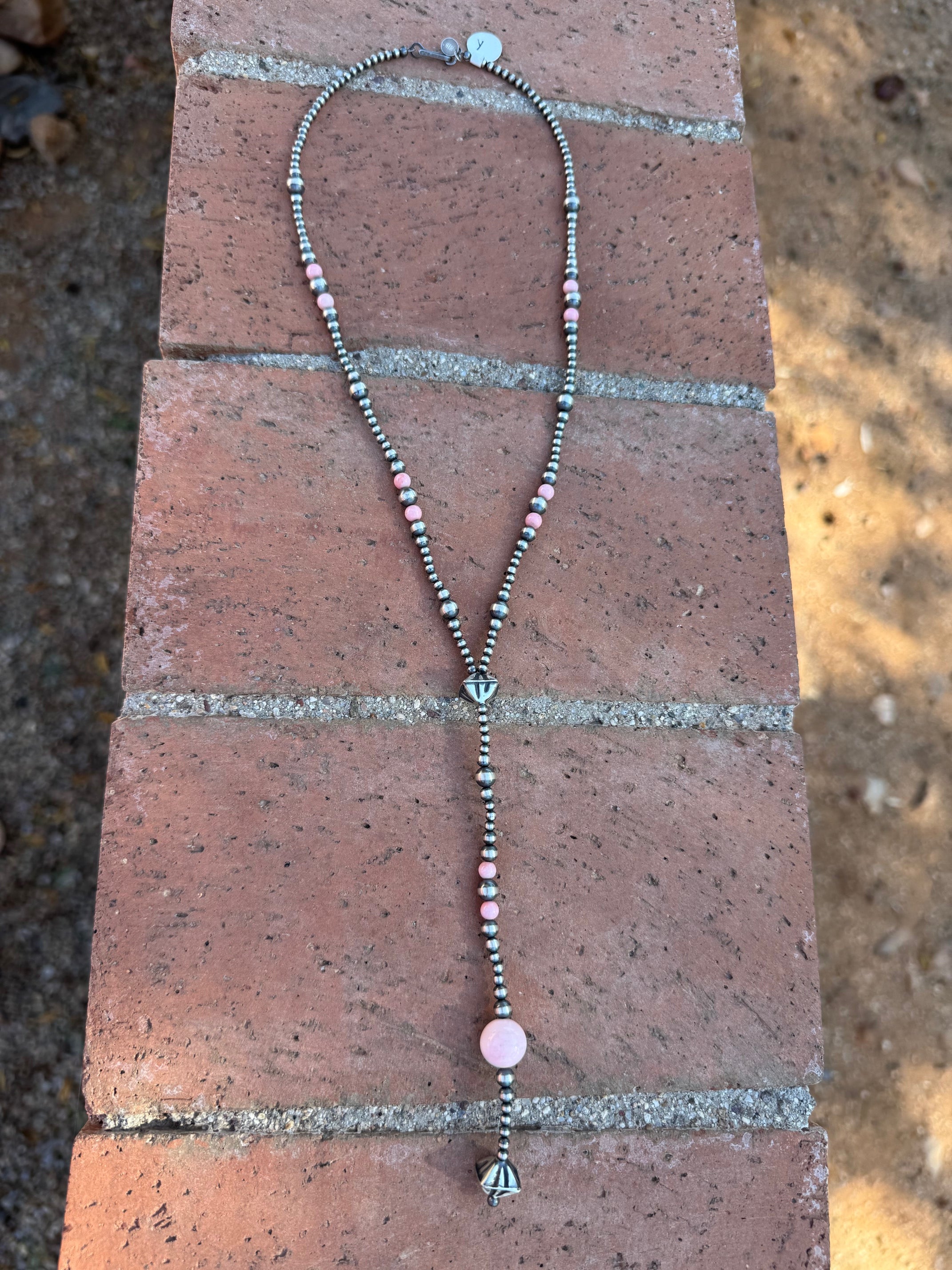 Handcrafted Sterling Silver & Pink Conch Lariat Necklace 20", 5.5" Lariat