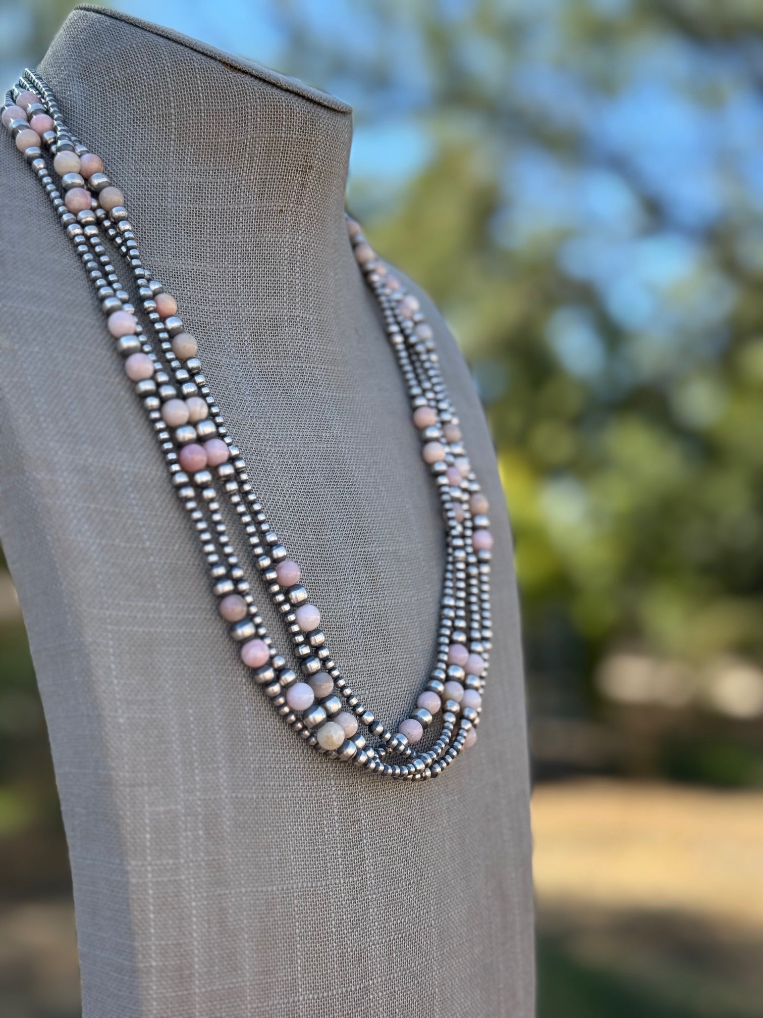 Handcrafted Pink Conch & Sterling Silver 3-6mm Beaded Necklace 24"