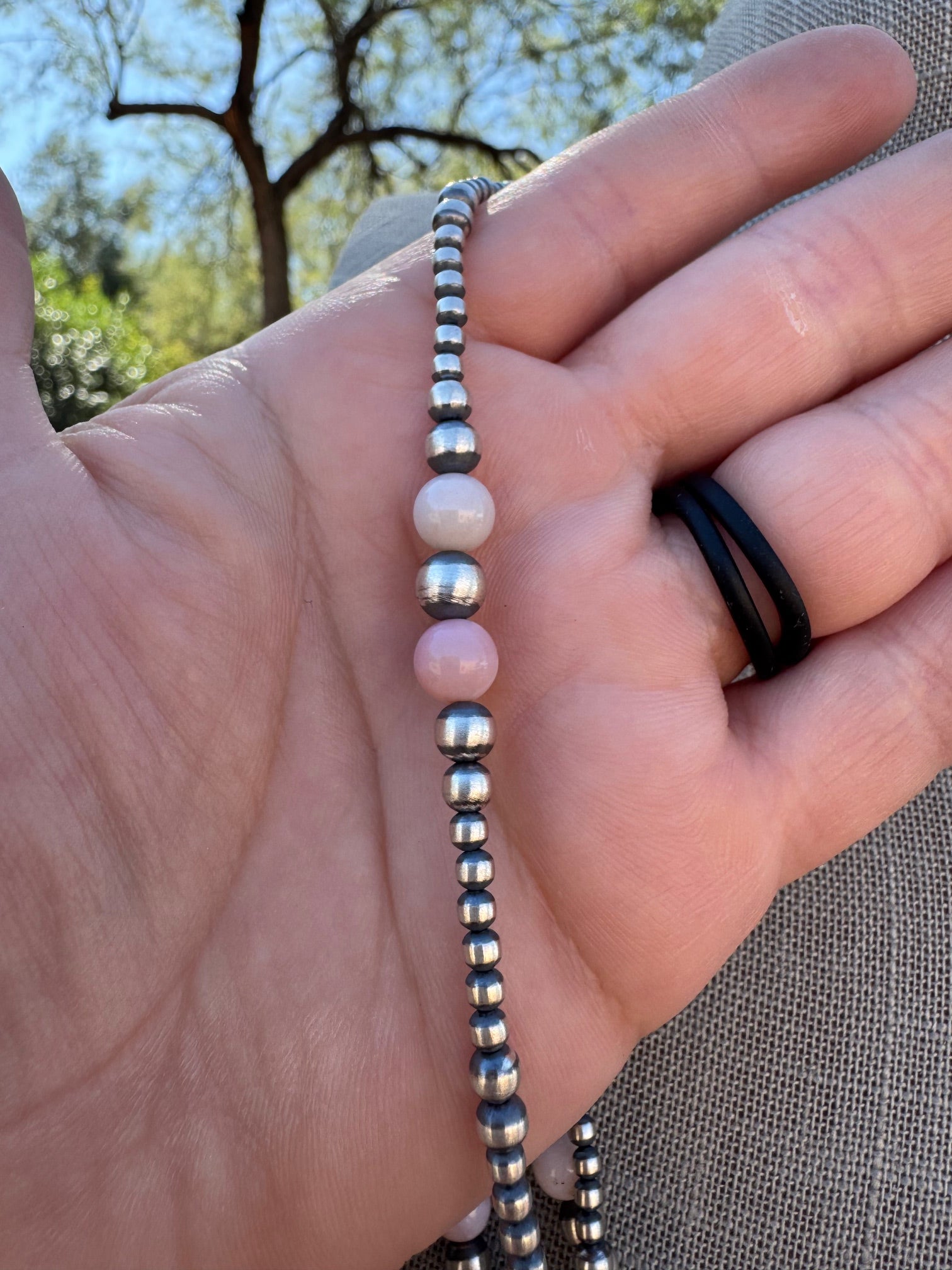 Handcrafted Pink Conch & Sterling Silver 3-6mm Beaded Necklace 24"