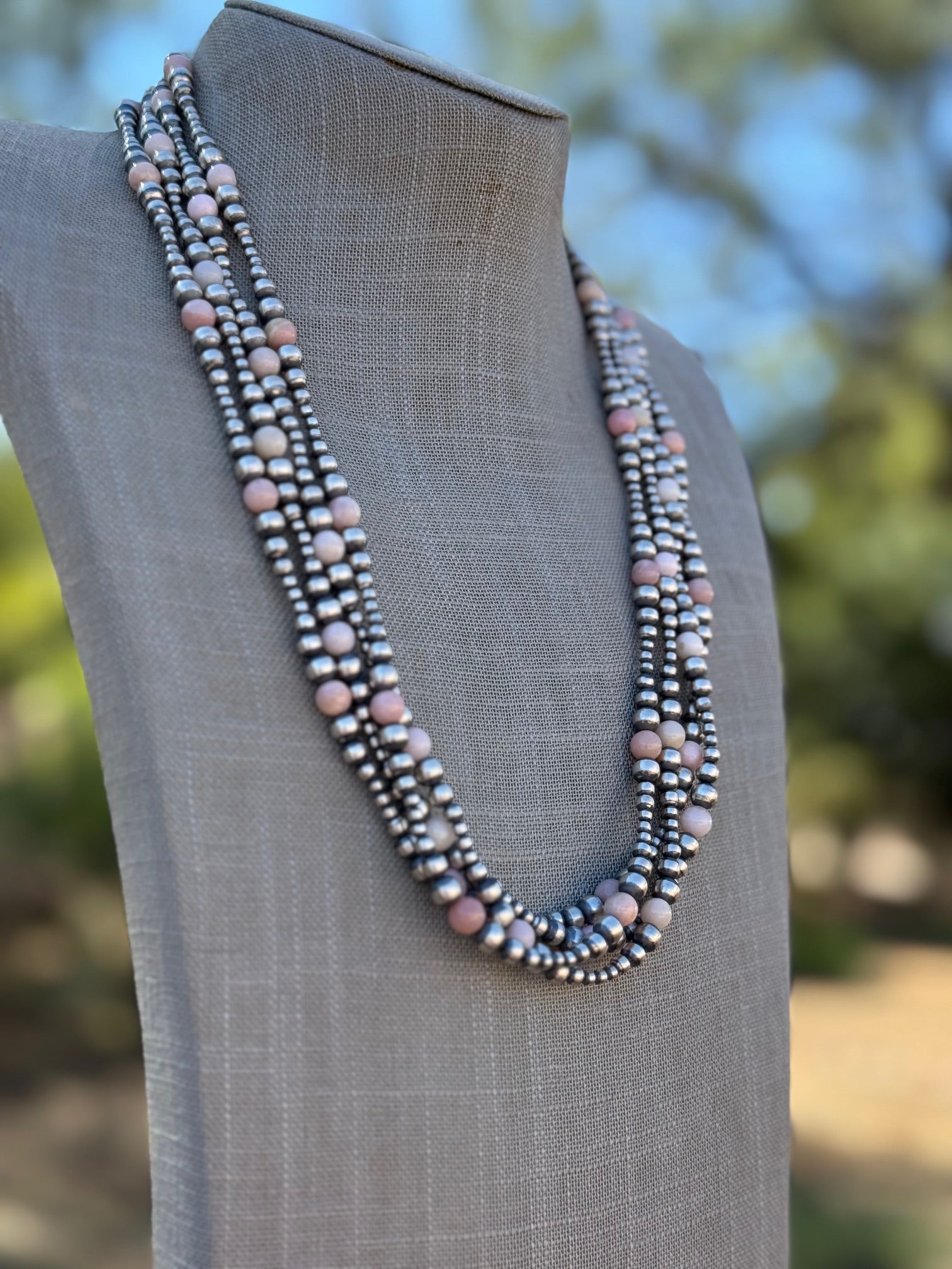 Handcrafted Pink Conch & Sterling Silver 3-6mm Beaded Necklace 24"