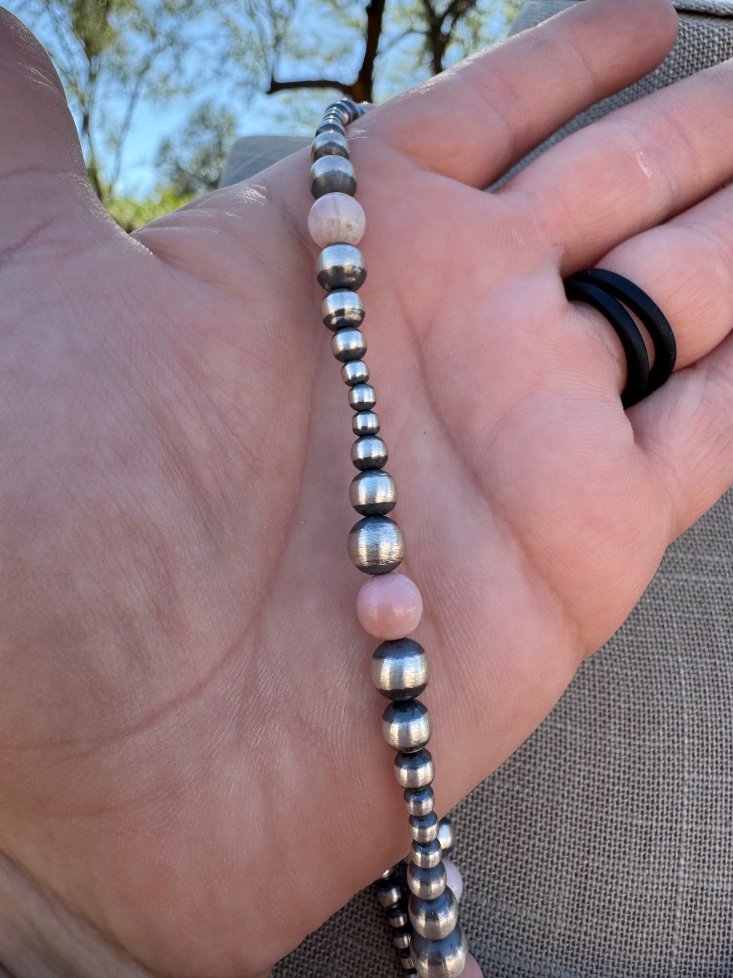 Handcrafted Pink Conch & Sterling Silver 3-6mm Beaded Necklace 24"