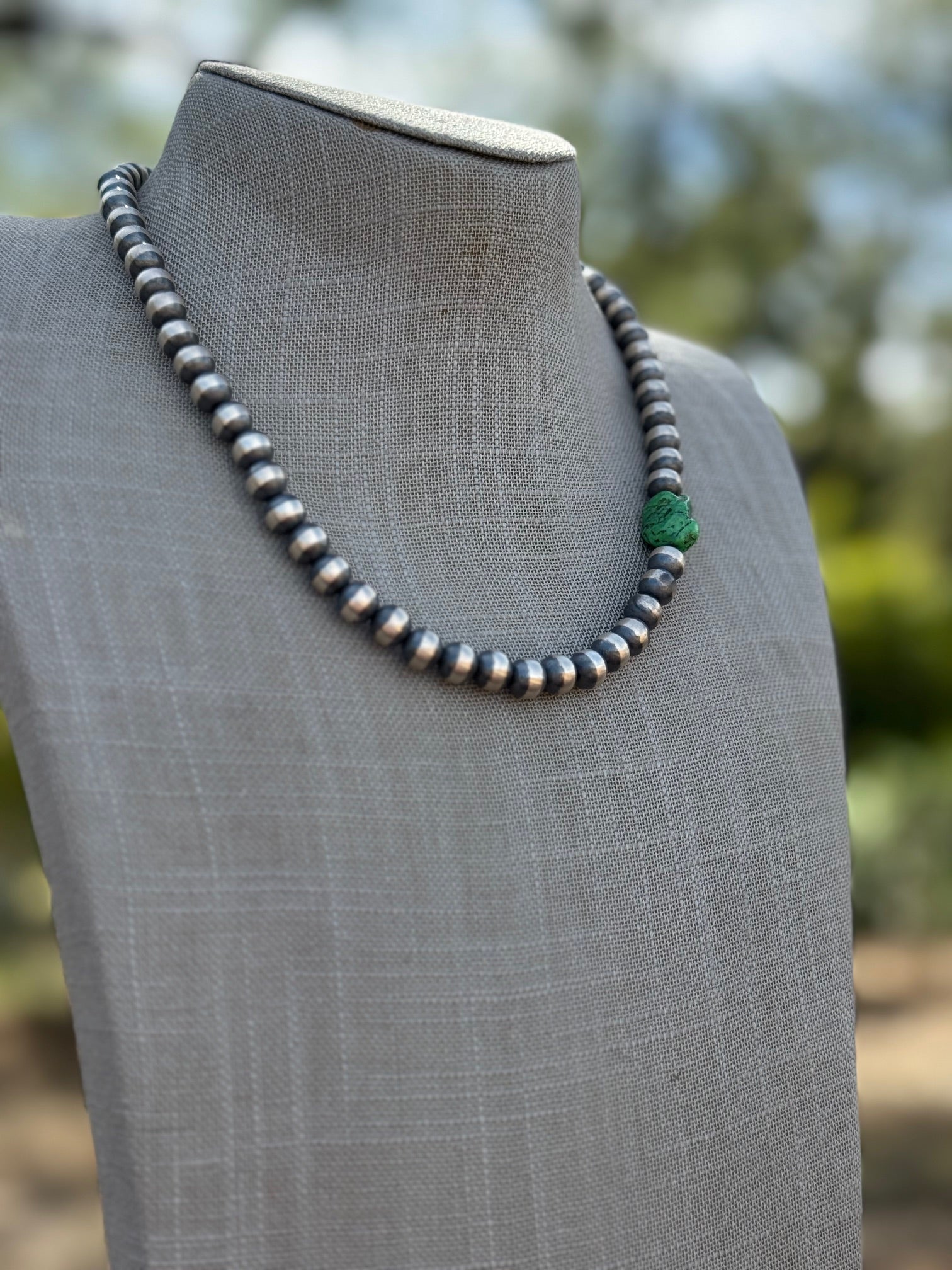 Handcrafted Sterling Silver & Kingman Turquoise 10mm Beaded Necklace 18"