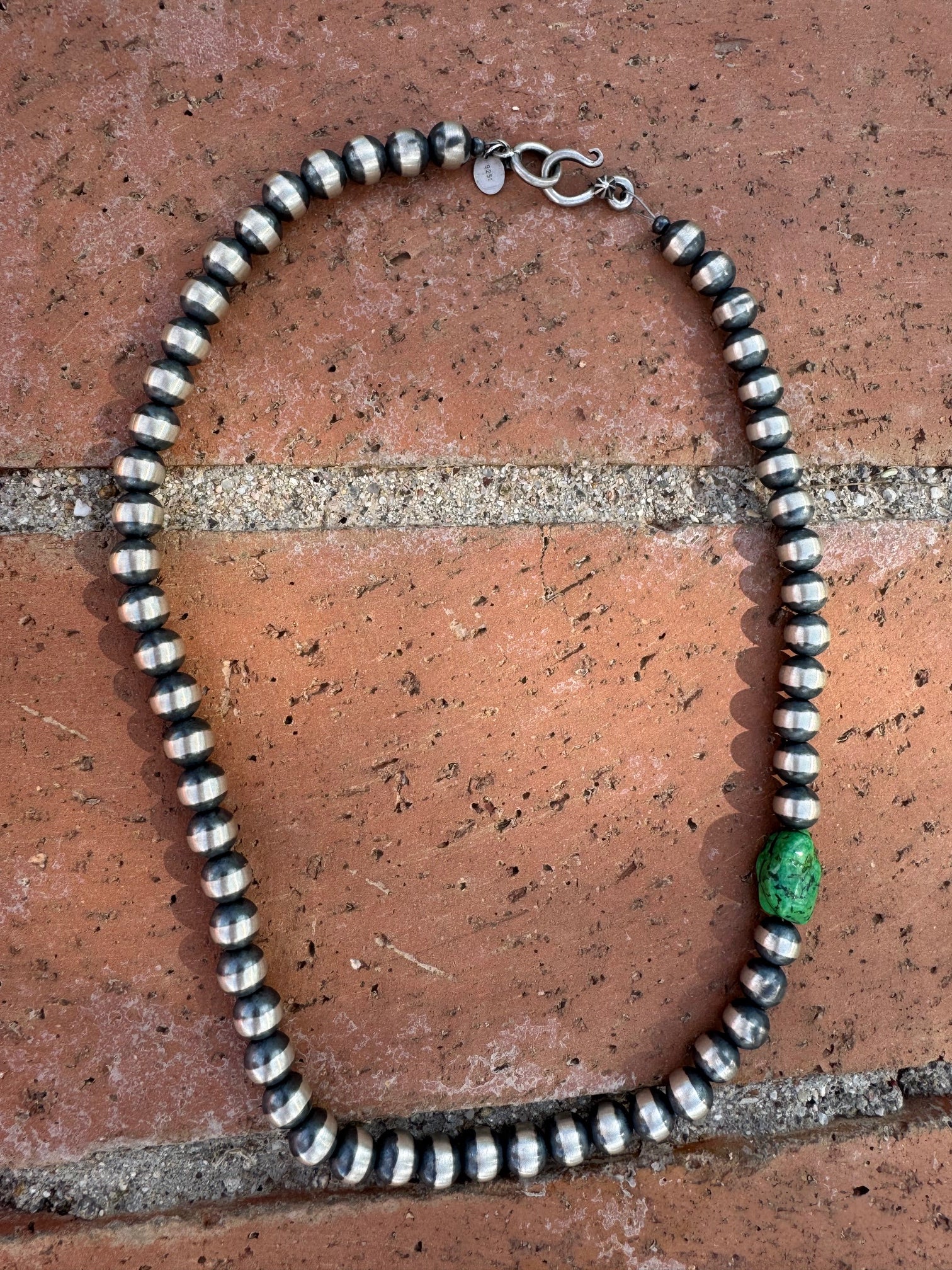 Handcrafted Sterling Silver & Kingman Turquoise 10mm Beaded Necklace 18"
