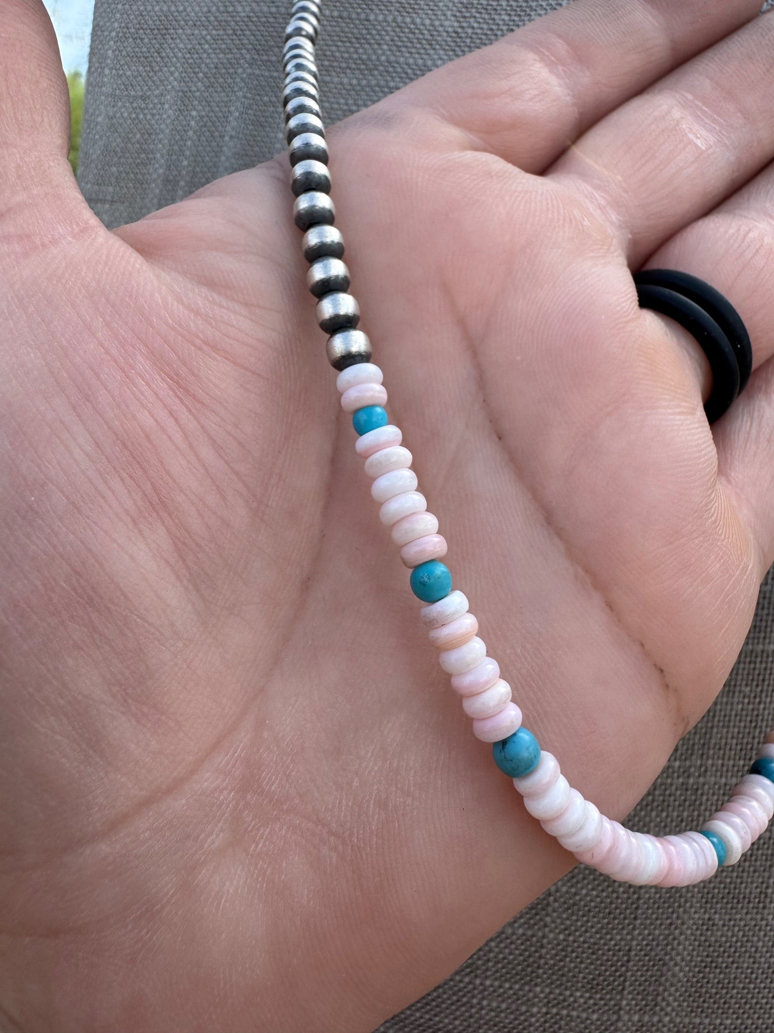 Handcrafted Sterling Silver Kingman Turquoise & Pink Conch 4mm Beaded Necklace