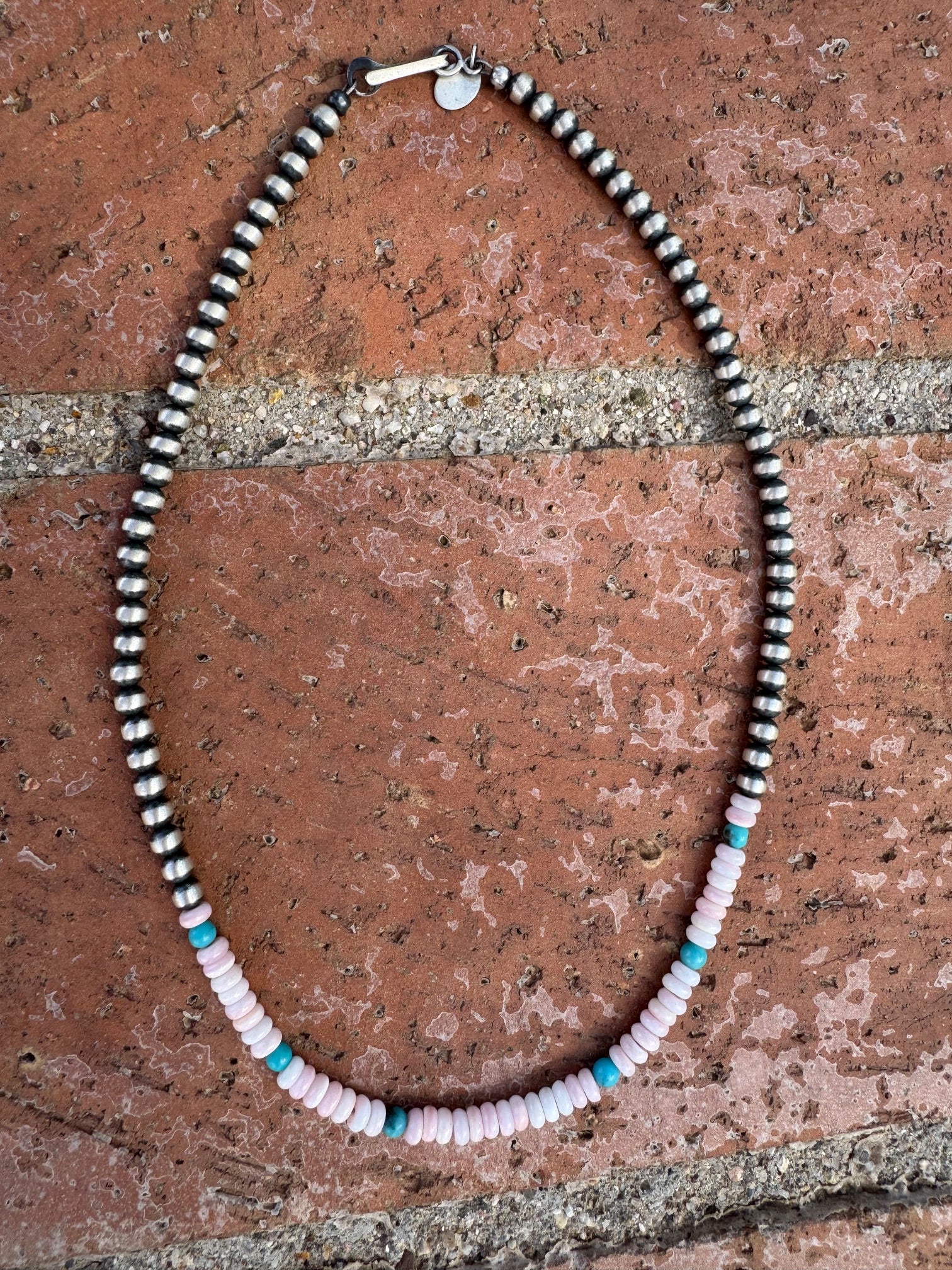 Handcrafted Sterling Silver Kingman Turquoise & Pink Conch 4mm Beaded Necklace