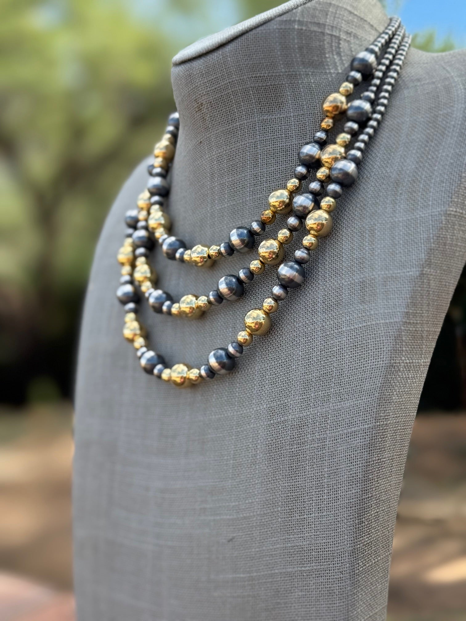 Handcrafted Sterling Silver & Gold 4-10mm Beaded Necklace