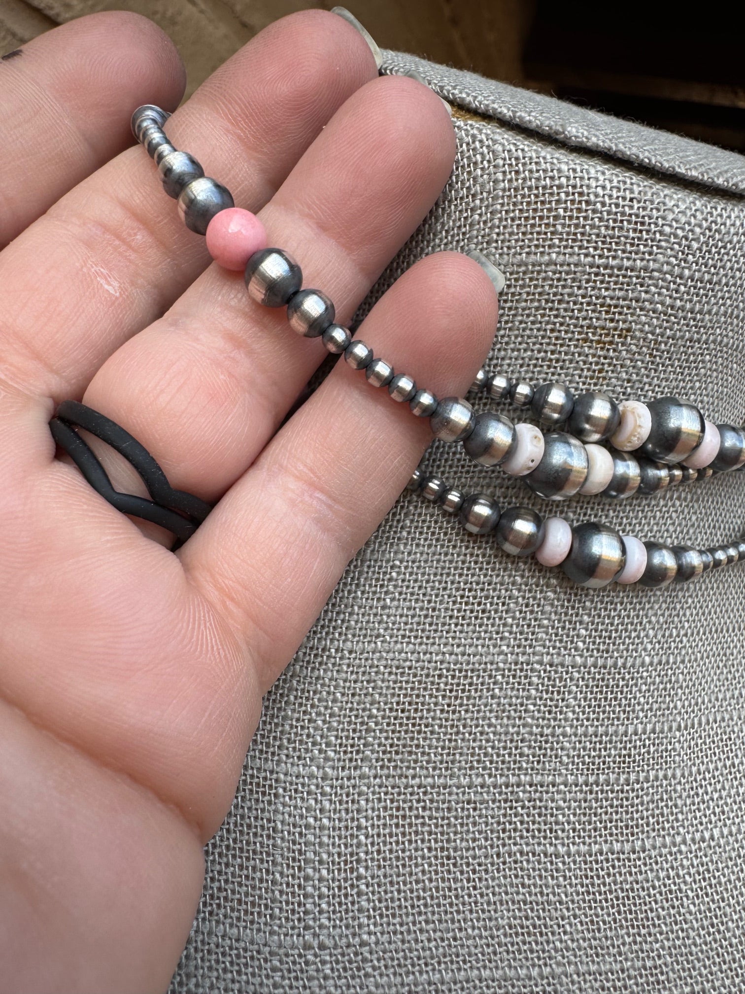 Handcrafted Pink Conch & Sterling Silver 3-8mm Beaded Necklace 14"