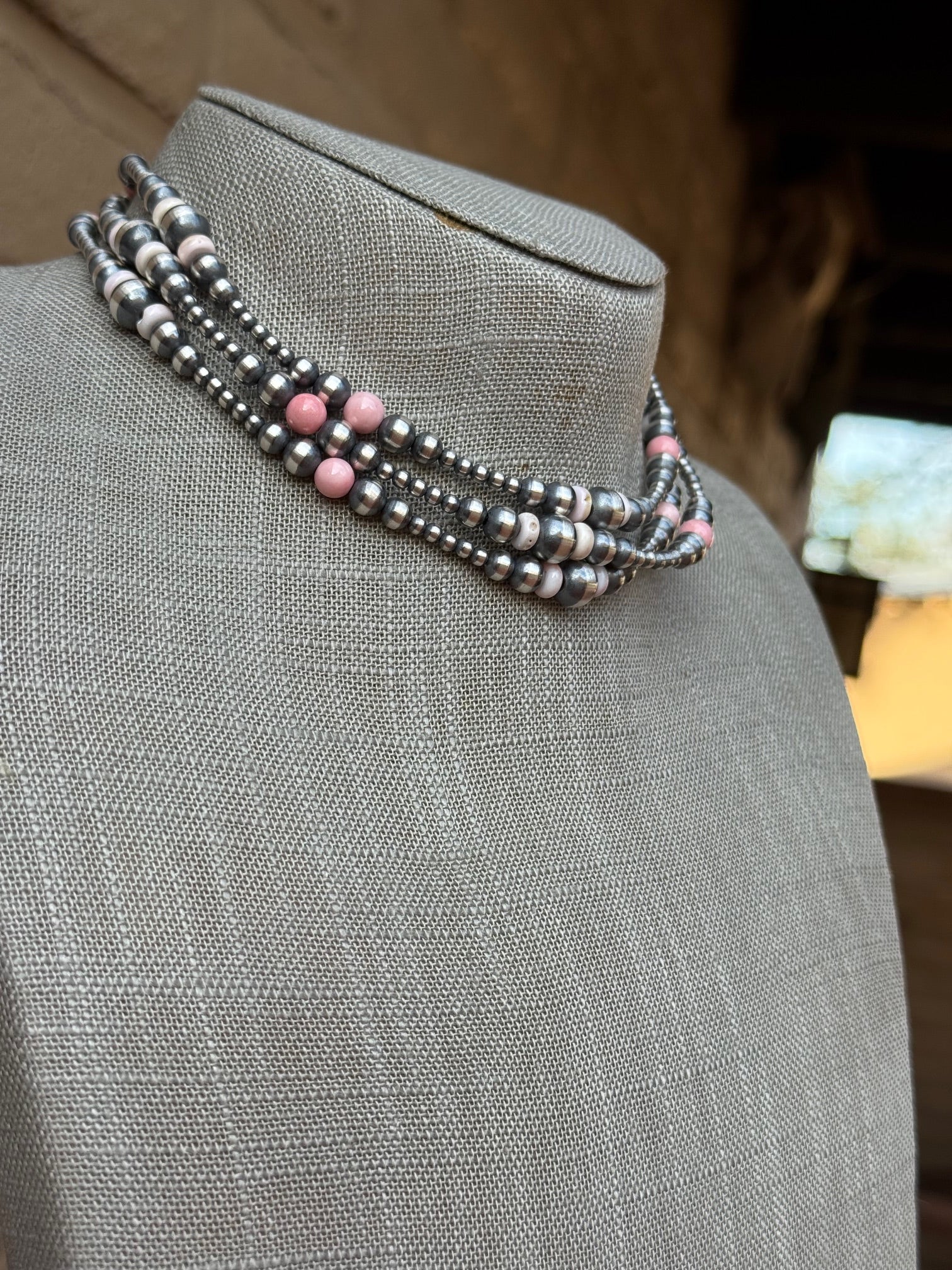 Handcrafted Pink Conch & Sterling Silver 3-8mm Beaded Necklace 14"