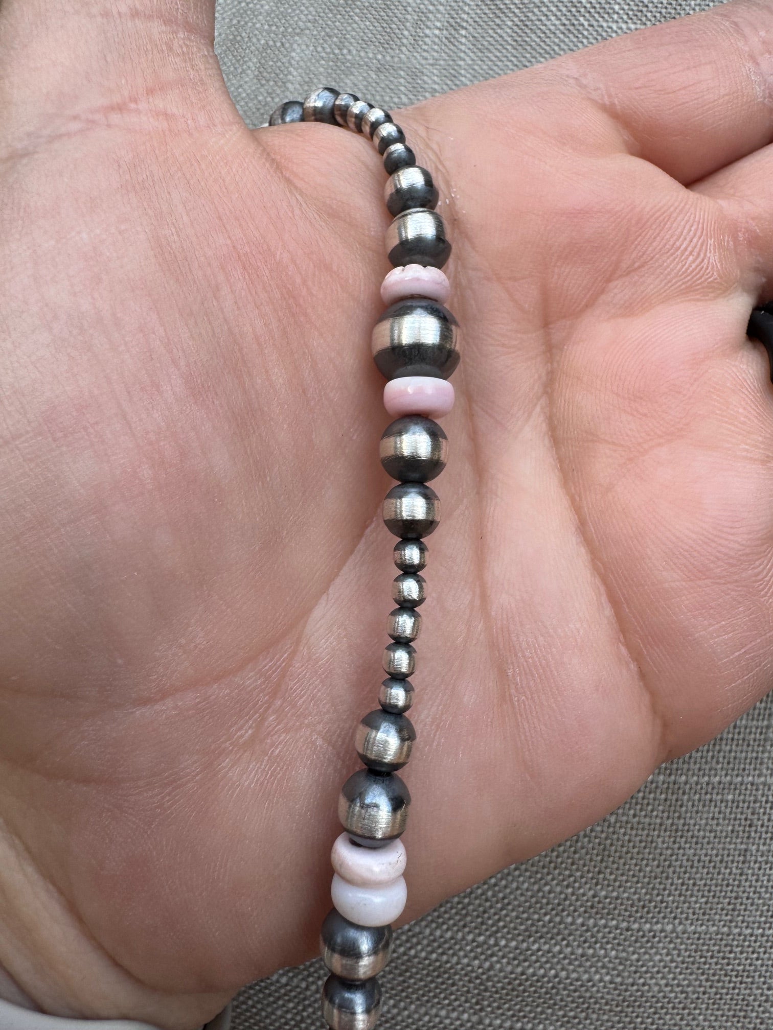 Handcrafted Pink Conch & Sterling Silver 3-8mm Beaded Necklace 14"