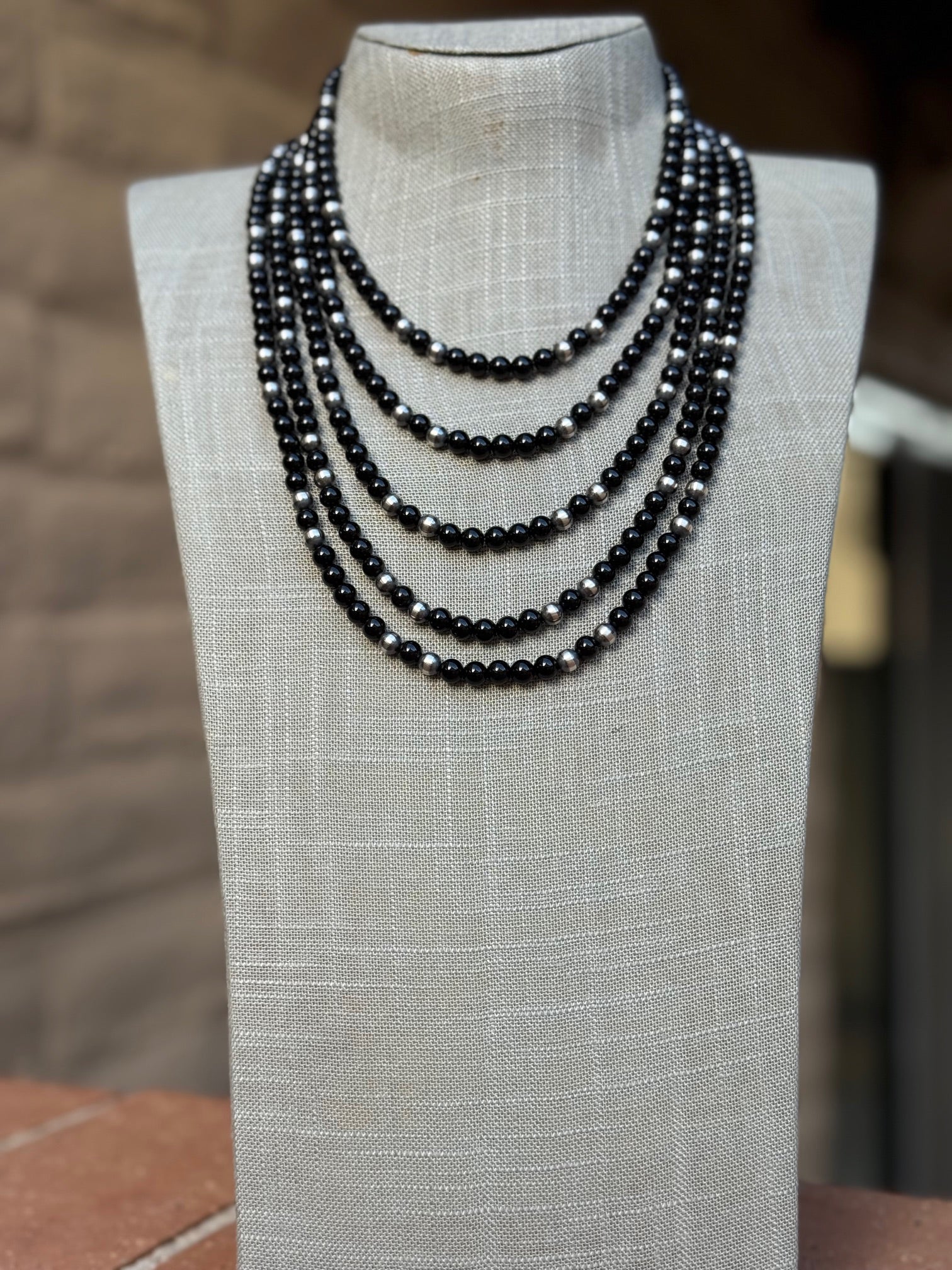 Handcrafted Sterling Silver Pearl & Onyx 5mm Beaded Necklace