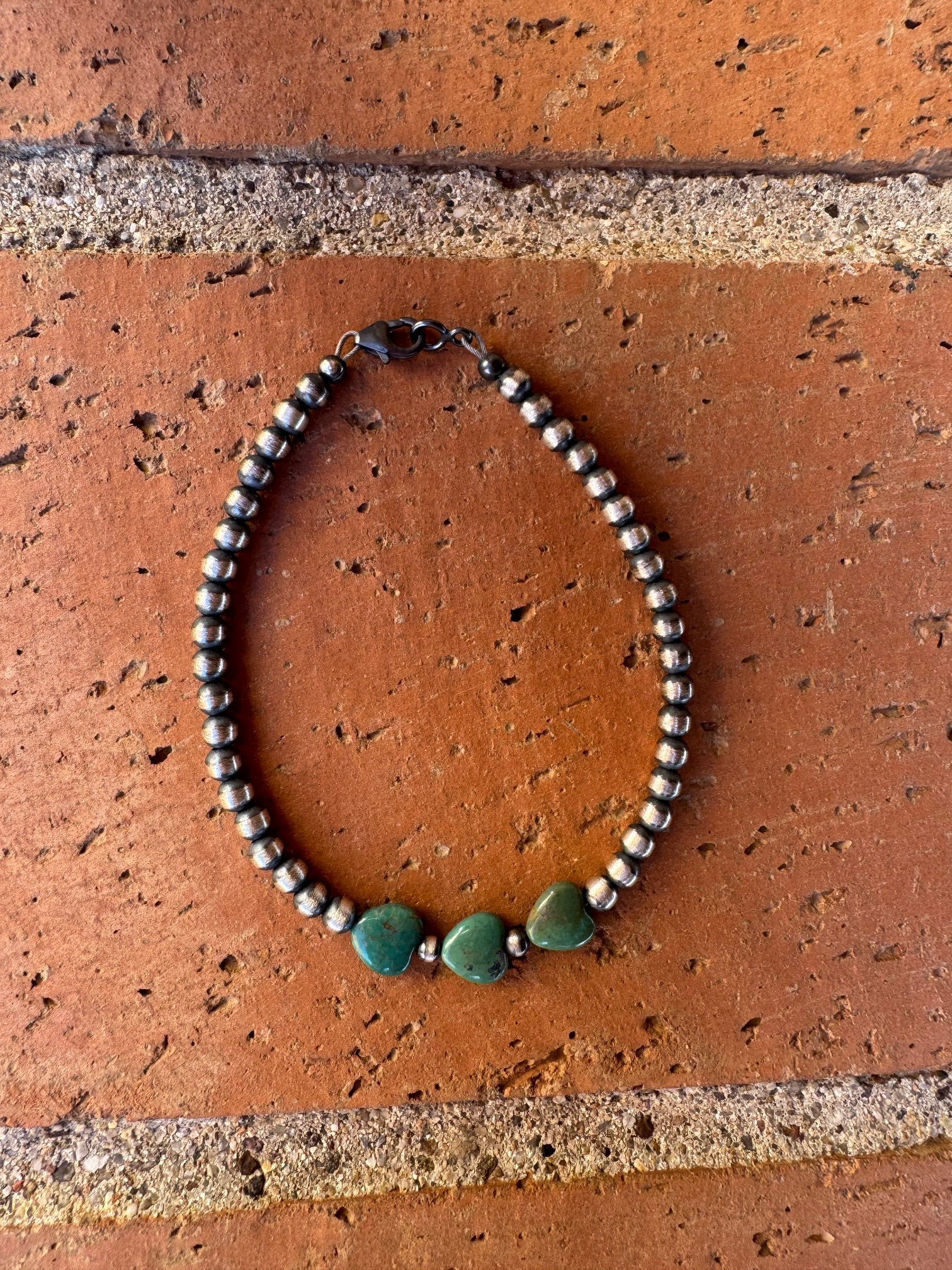 Handcrafted Sterling Silver Pearl & Turquoise 4mm Beaded Heart Bracelet 7.5"