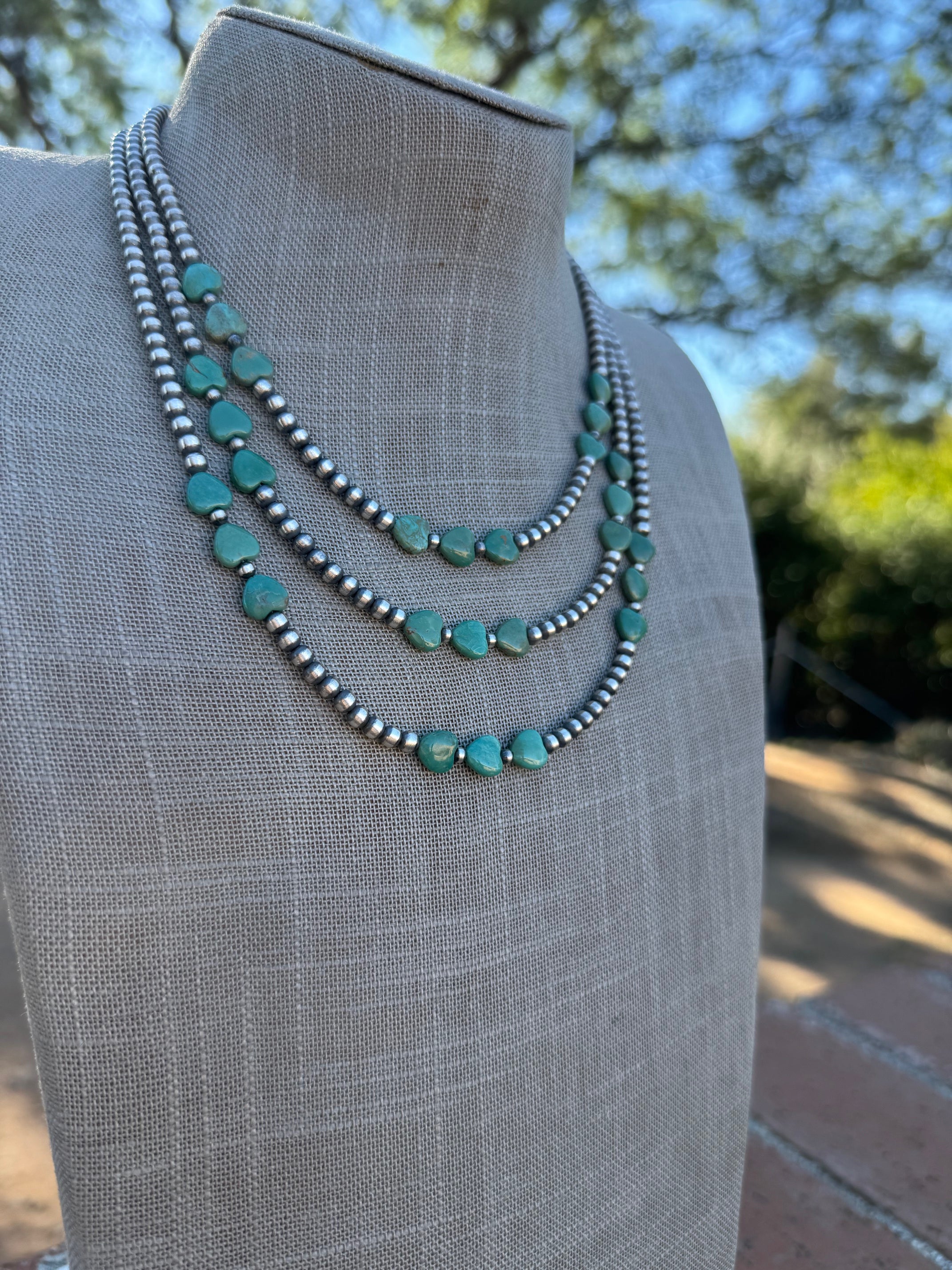 Handcrafted Kingman Turquoise & Sterling Silver Heart 4mm Beaded Necklace