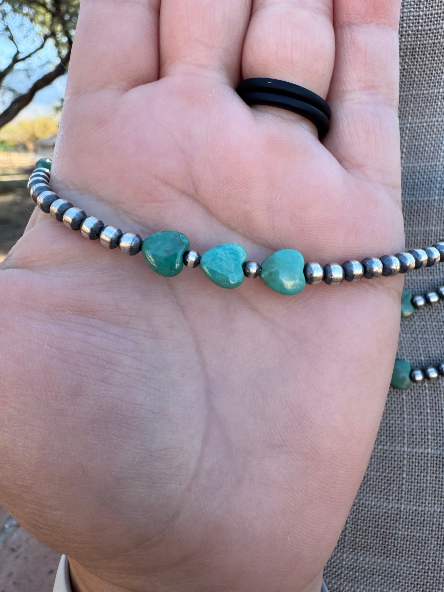 Handcrafted Kingman Turquoise & Sterling Silver Heart 4mm Beaded Necklace