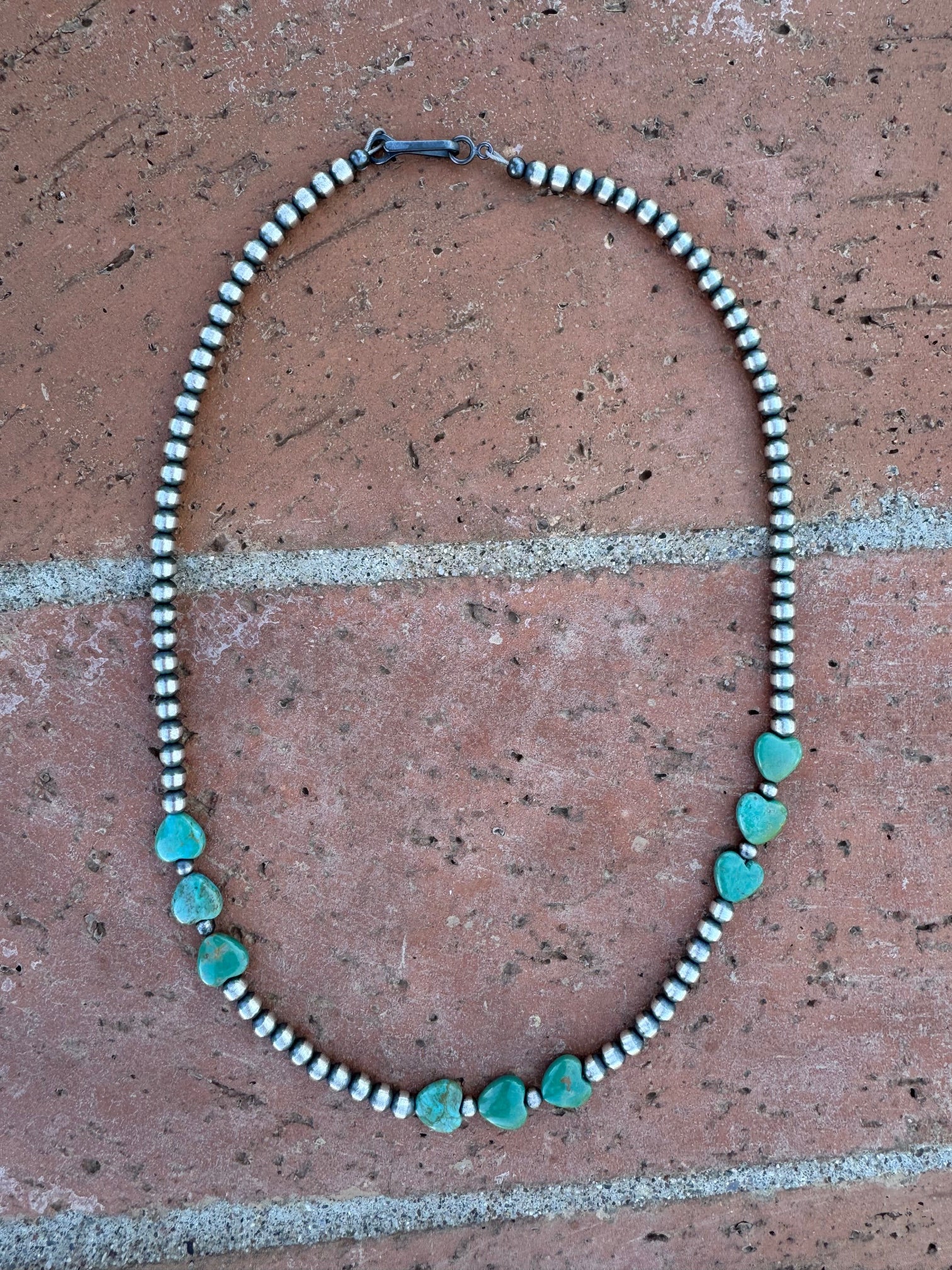Handcrafted Kingman Turquoise & Sterling Silver Heart 4mm Beaded Necklace