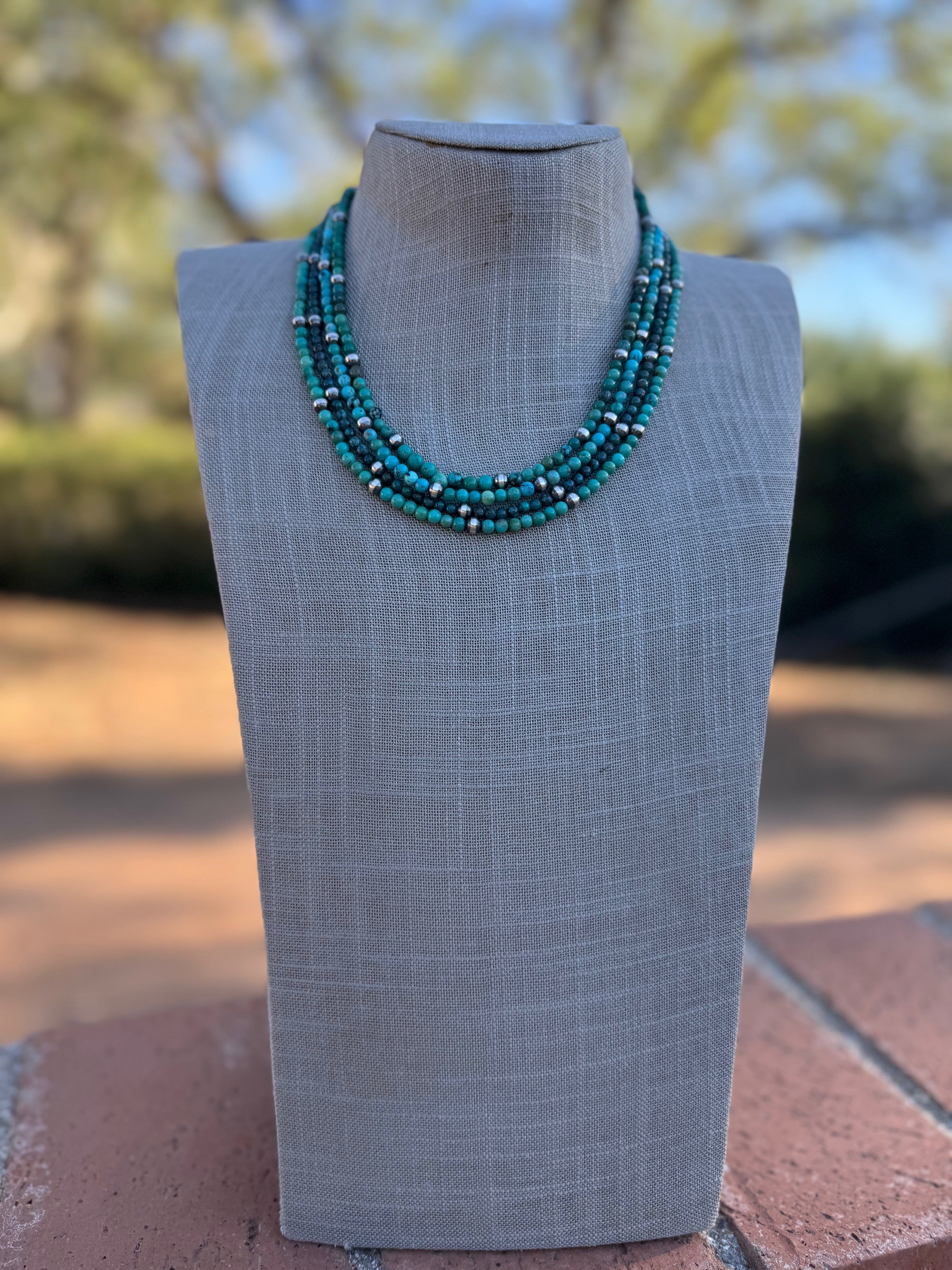 Handcrafted Kingman Turquoise & Sterling silver pearl 5mm Beaded Necklace 18"