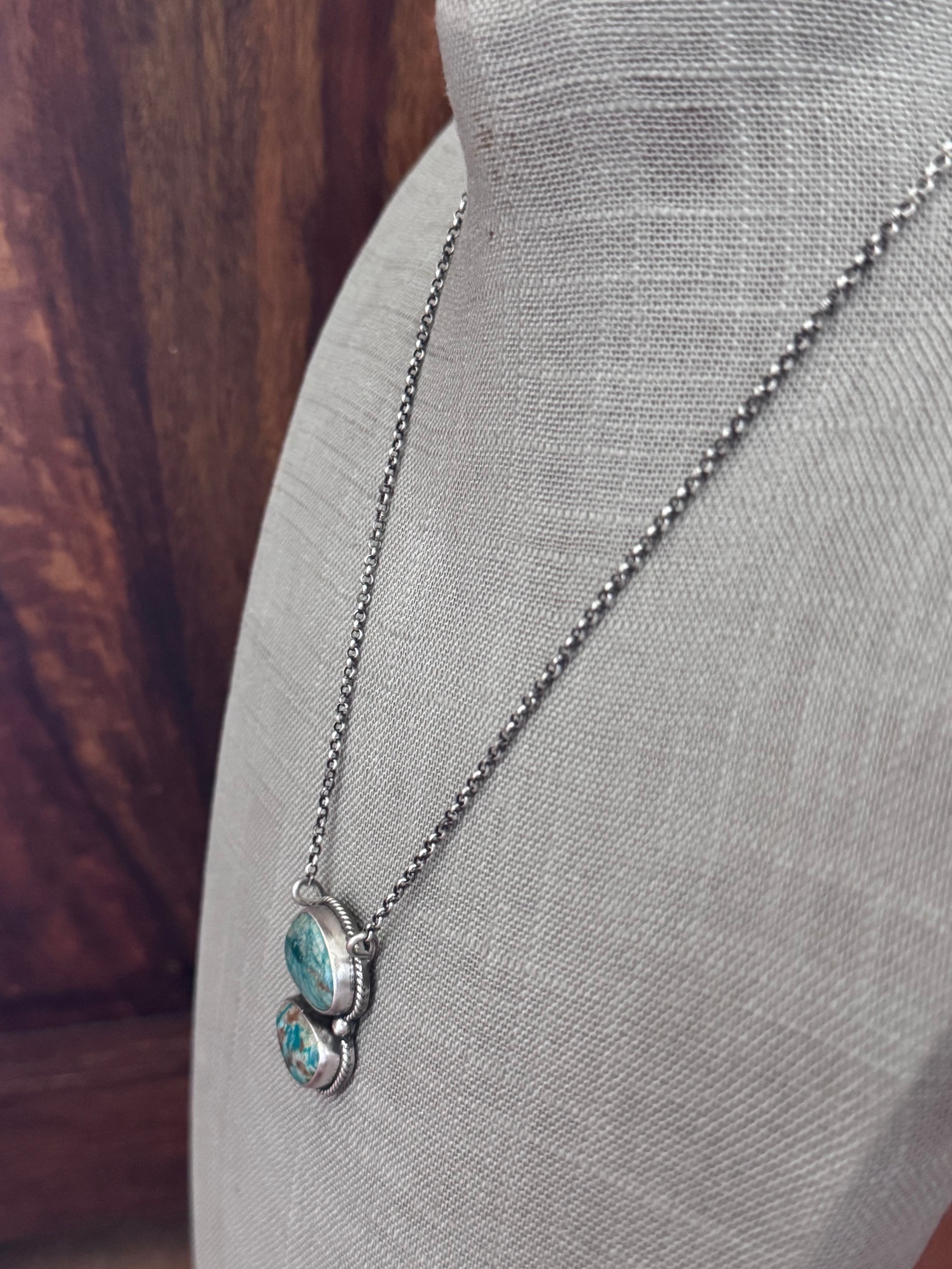 Handmade Sterling Silver Two Stone Fox Turquoise 19" Necklace by Roaming Buffalo